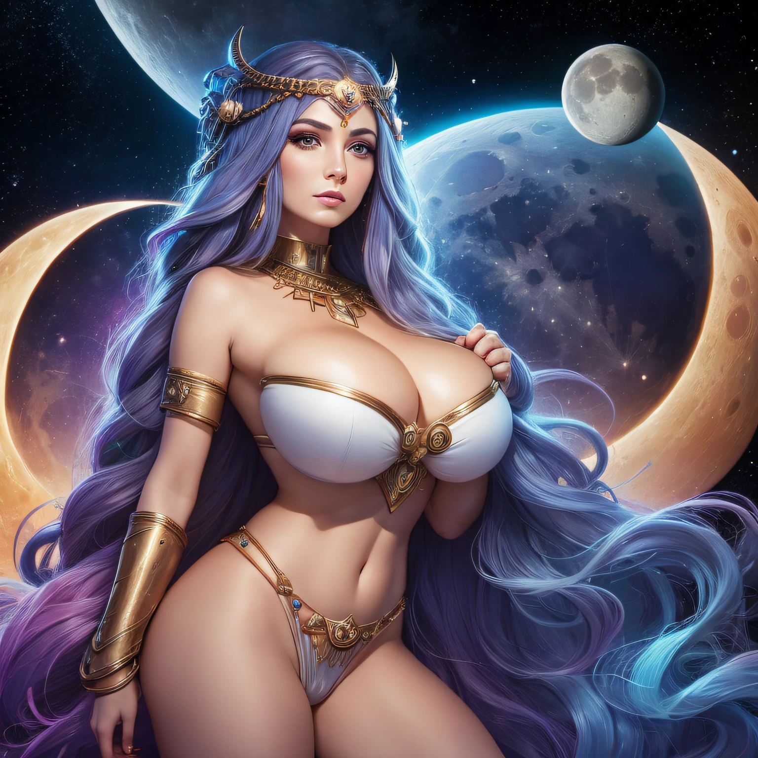 a painting of a 40 years old woman with long hair and huge breasts, portrait of a cosmic goddess, jen bartel, portrait of a norse moon goddess, goddess of space and time, moon goddess, cosmic goddess, celestial goddess, lunar goddess, high priestess, art deco of a space woman, the high priestess, goddess of the moon, goddess of galaxies