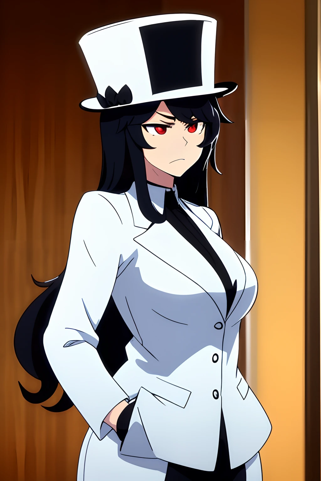 long hair, wavy hair, black hair, white top hat, white suit, narrow eyes, neutral expression, frown, solo female. hands in pockets, medium breasts, best quality, masterpiece, 8k, red eyes, portrait