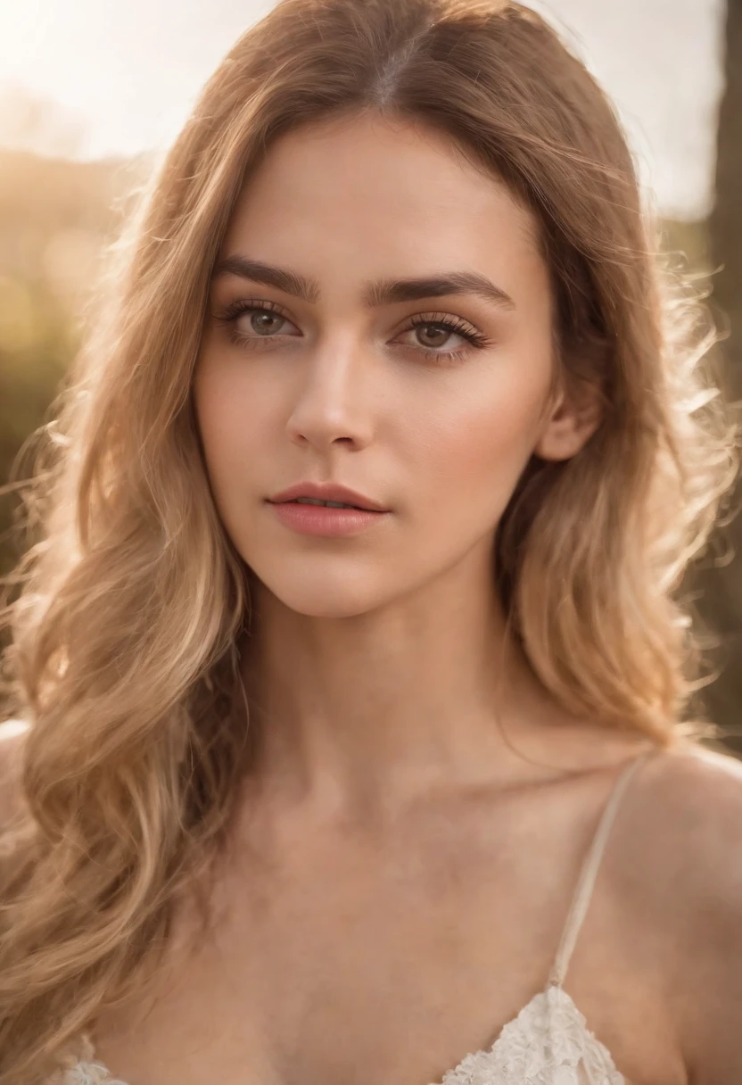 chica  joven atractiva, con pechos grandes, sin maquillaje, con el pelo rubio y ojos claros realista.