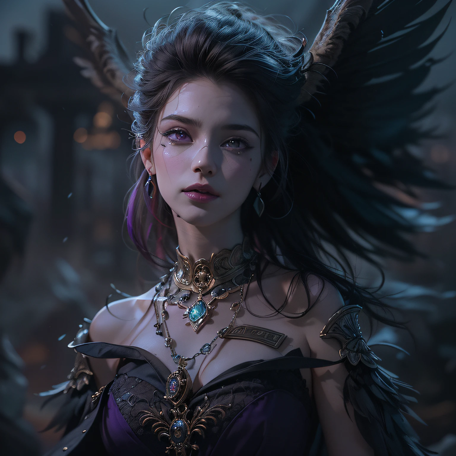 (Numerous award-winning masterpieces, with incredible detail, textures and maximum detail), (full-body standing image:1.8), (hyper realistic:1.4), (upper body up:0.3), (realistic:1.3), (best quality real texture skin), (finely detailed true circle Symmetrical eyes), (A finely drawn beautiful face), (decadent image: 1.5), (Aesthetic image: 1.5), (lewd and seductive image:1.2), ((medieval world)), ((The Lord's Black Devil)), ((The Lord's purple Devil)), (Elegant and decadent costume of elaborate workmanship: 1.8), (icy look in the eye), (She has a mischievous smile on her face), (Eyes that glow purple in the dark:1.5), (many Devil dancing in the background:1.4), (Dramatic Light), (A majestic sight), (Her countenance is gentle and beautiful, but somehow terrifying), ((huge black wings with feathers behind shoulders)), (Folded wings), Glass earrings on the ears, (full-body standing image:1.8), (((dramatic photo))), (twilight), (sunset), (dusk), (Seducing Pose), (dramatic pose), (black hair), (purple hair), (chestnut hair), Short cut hair, ((Full-length portrait)), ((looks up)), ((looking down)), (Around her neck is a simple necklace of exquisite workmanship), (Swirling dark flames), (Swirling lightning), (swirling ice and snow), (full-body standing image:1.8), Old ruins infested with plants, great temple, great cathedral, temple ruins, detached temple, (Luminous magic circle:1.4), Ruins of an ancient castle, Deserted ruins, crumbling ruins, Ancient ruins with clear water, wavelets, running water, Shining majestic cloud masses and sky, lightning bolt, epic realistic, ((neutral colors)), (hdr:1.5), (muted colors:1.2), hyper detailed, cinematic, warm lights, dramatic light, (intricate details:1.1), complex background,