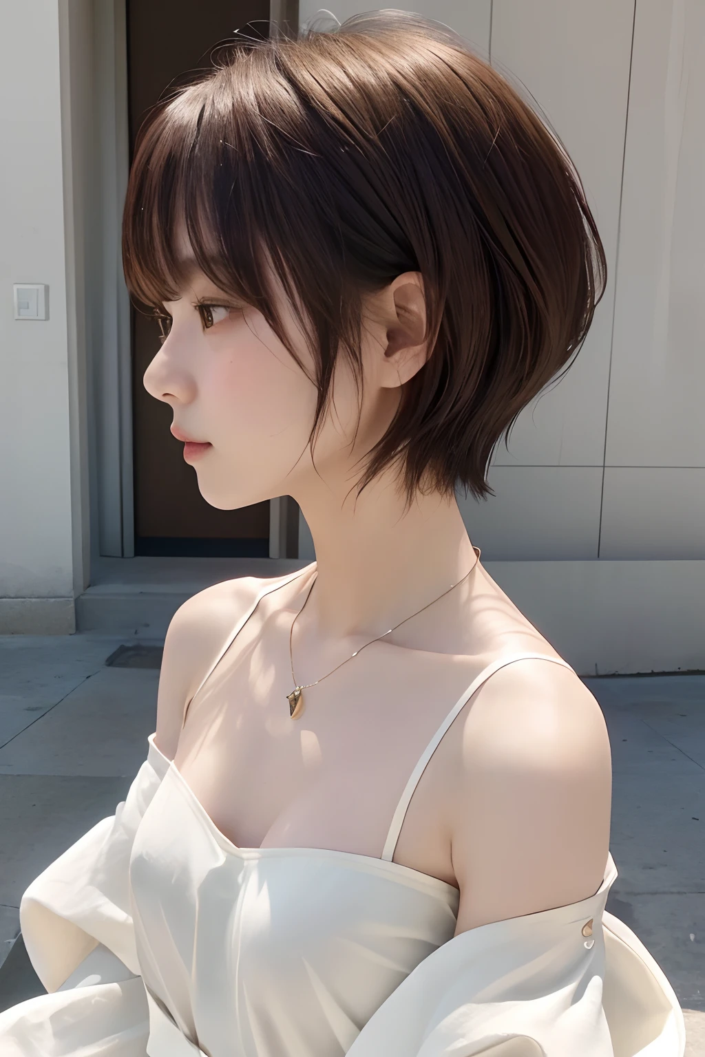 ( 1 人)、(top-quality)、(masterpiece)、(hight resolution)、(intricate-detail)、(Photorealsitic)、(Cinematic Light) 独奏、耳Nipple Ring、jewely、short-hair、Brown hair、s lips、portlate、profile、((cute little))、Female, Attractive woman、Everyone longs for、Transparency、a necklace、Farbe々From an angle、夏天、off shoulders、(Drop Shoulder Fashion)、Clothes are white、robe、