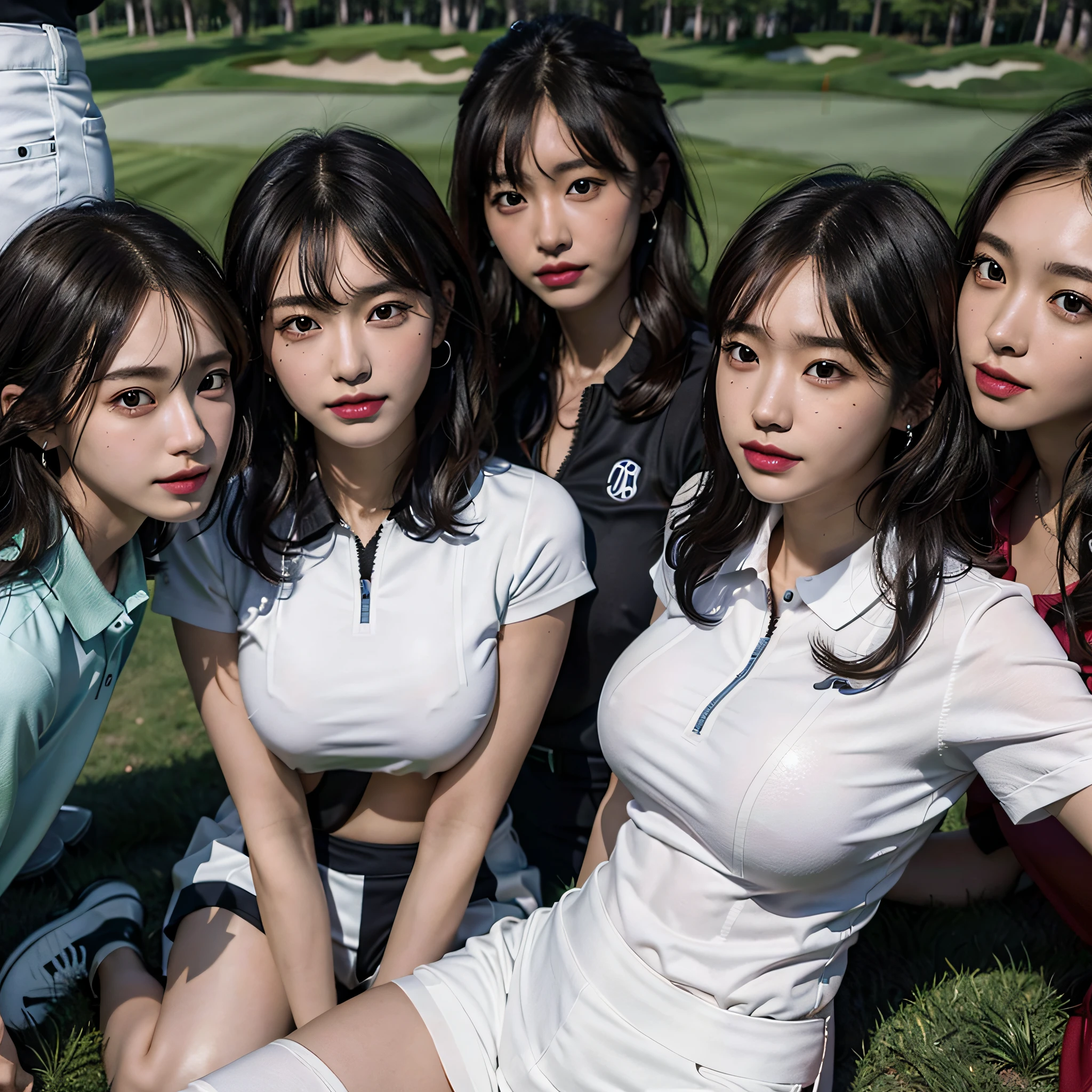 8k resolution, Ultra-realistic, Ultra-detailed, Korean idol, (8 girls:1.1), (6 girls:1.2),(10 girls:1.3),(5 naked girls:1.4),fully naked girls, in golf course, spread legs, showing pussy, holding dildo