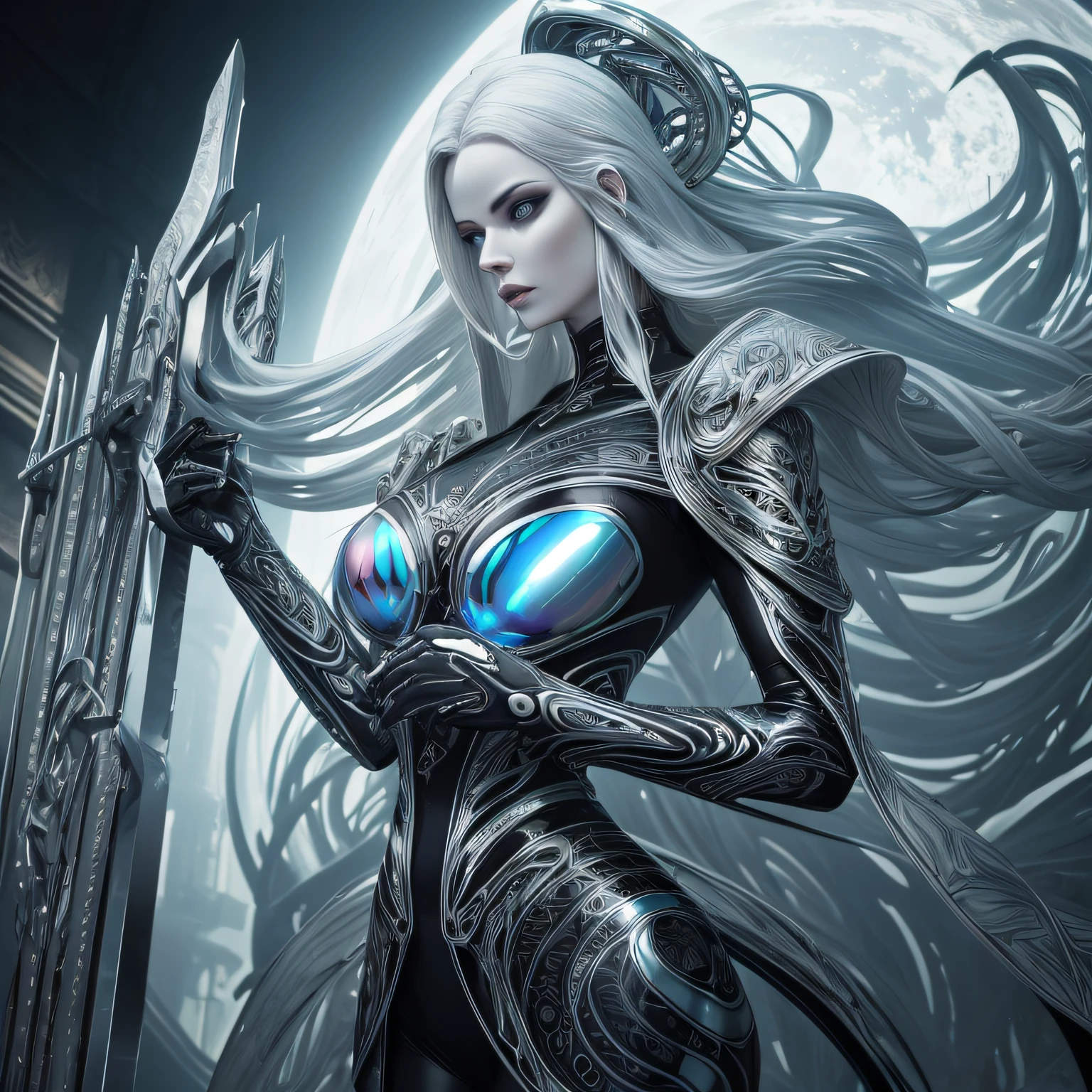 Strong contrast__hr_giger_art___flowing_contours__biomechaical__airbrush___strange__eerie__fashion_magazine_cover__art_deco_border___porcelain_and_platinum / A futuristic looking woman with porcelain skin / eleboratem intricate colourful iridescent chrome armour