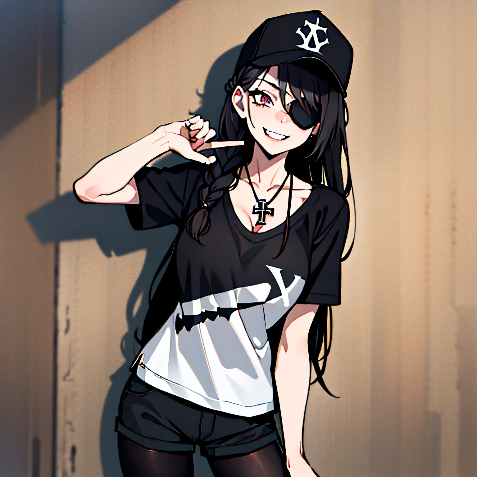 (absurdres, 8k, 4k, masterpiece, hyper extreme detailed:1.2), best quality, expressive eyes, highres, perfect eyes, 1girl, perfect face, perfect hands, Long Hair, Black hair, braided buns, buns in hair, large bust, crazy face, crazy eyes, crazy smile, eyepatch, gothic, cross necklace, black shirt, streetwear, pantyhose, baseball cap, curious, half body, street clothing, graphic t-shirt, standing, leaning against wall, gothic, pale skin, no background, absurdquality, shocked, concerned, confused, head tilt, cowboy_shot, shorts, cleavage, short shirt, fang tooth, black eyepatch, smile, black pantyhose,