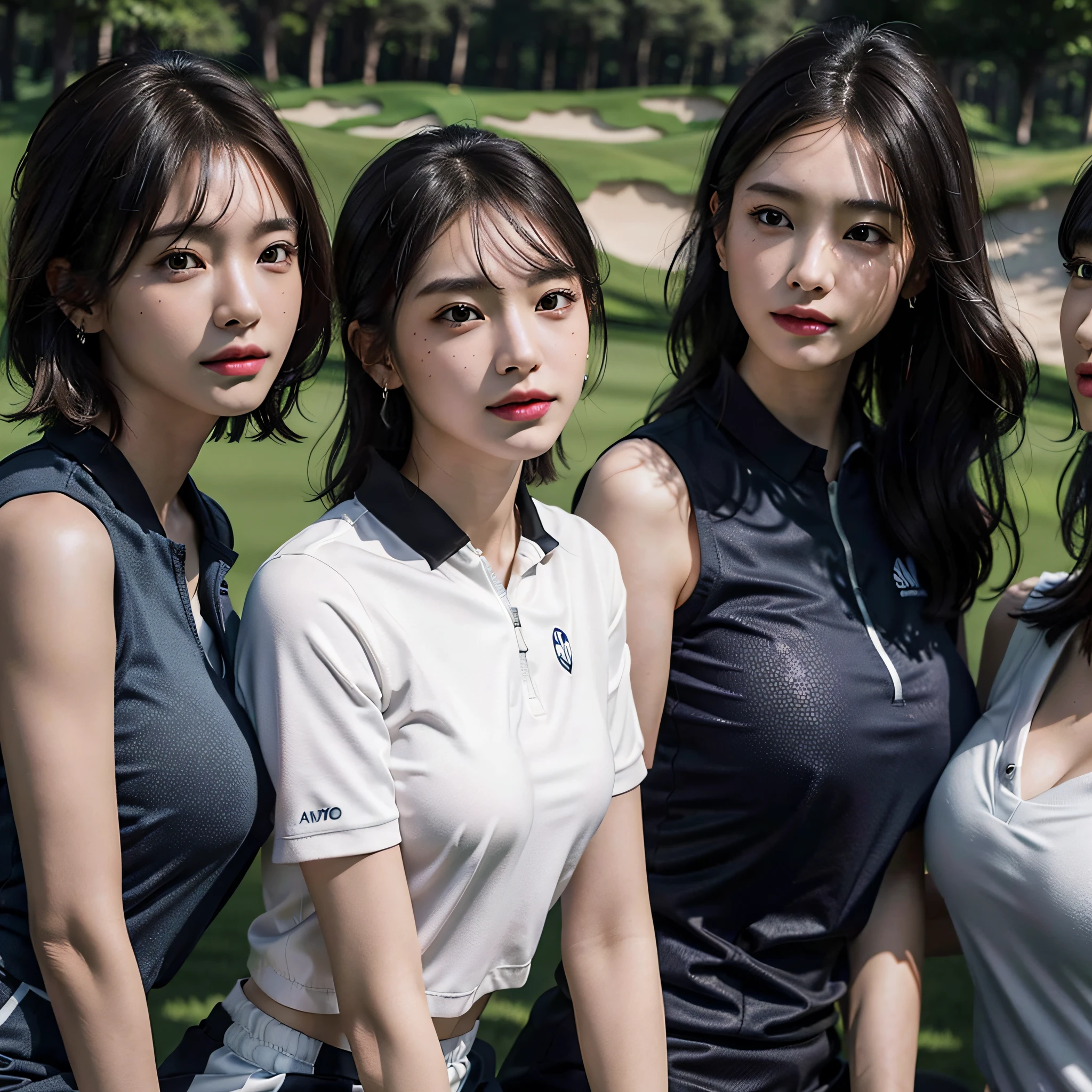 absurdres, RAW photo, extremely delicate and beautiful, masterpiece, Best Quality, ultra high resolution, 16k, hyperrealistic, ultra-detailed, Very detailed CG 8k wallpaper, Beautiful Lighting, Perfect Lightning, Realistic Shadows, perfect anatomy, super Detailed skin, perfect figure, Japanese woman, in her 10s, very Slim body, narrow waist, very small head, handsome detailed woman, very detailed eyes and face, realistic face proportions, Stunning detailed eyes, Realistic beautiful face, very small face, Realistic small beautiful eyes, double eyelids, makeup, tearful mole, mole on chest, earring, bare legs, beautiful and very thin legs, beautiful and very thin thighs, (very huge round breasts:1.3), short hair, wavy hair, sweat, full body shot, (3 girls:1.5), (golf wear:1.5),