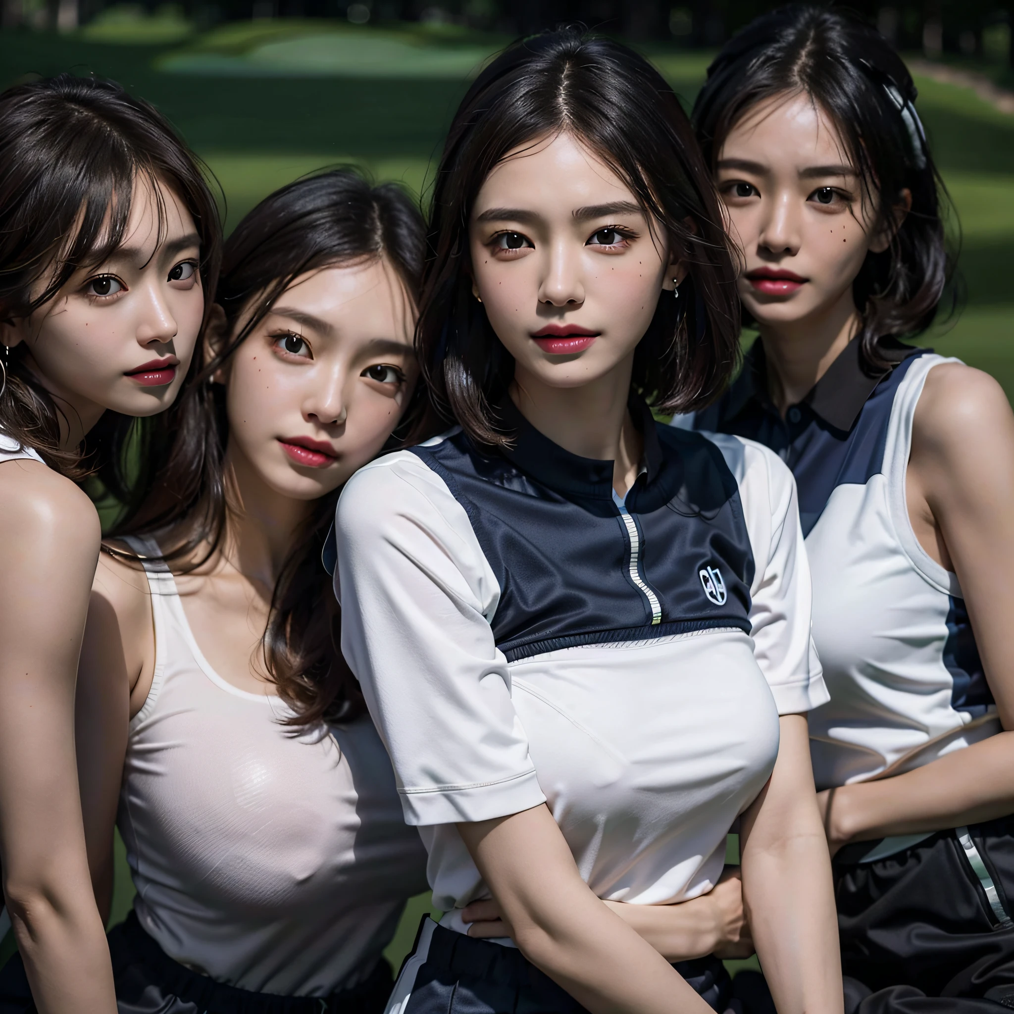 absurdres, RAW photo, extremely delicate and beautiful, masterpiece, Best Quality, ultra high resolution, 16k, hyperrealistic, ultra-detailed, Very detailed CG 8k wallpaper, Beautiful Lighting, Perfect Lightning, Realistic Shadows, perfect anatomy, super Detailed skin, perfect figure, Japanese woman, in her 10s, very Slim body, narrow waist, very small head, handsome detailed woman, very detailed eyes and face, realistic face proportions, Stunning detailed eyes, Realistic beautiful face, very small face, Realistic small beautiful eyes, double eyelids, makeup, tearful mole, mole on chest, earring, bare legs, beautiful and very thin legs, beautiful and very thin thighs, (very huge round breasts:1.3), (full body shot), short hair, wavy hair, sweat, (3 girls:1.5), (golf wear:1.5),