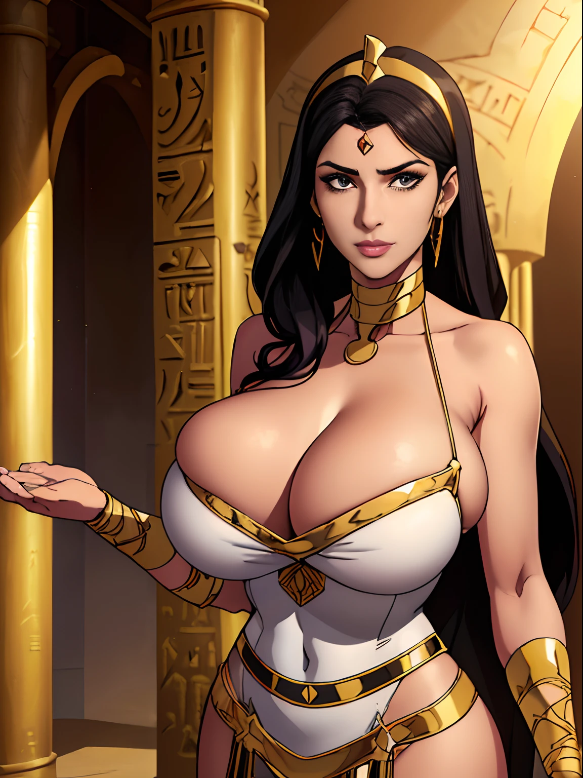 (masterpiece, top quality, best quality, official art, beautiful and aesthetic:1.2), (1girl:1.3), long and straight black hair, tanned skin, extremely detailed, portrait, looking at viewer, solo, (full body:0.6), detailed background, close up, mischievous eyes, (hot summer Egypt theme:1.1), Egyptian duelist woman, heavy Egyptian makeup, winged eyeliner, (very long neck), Persian nose, bold nose, long nose, arched nose, downturned nose, large nose, dark tan skin, charlatan, smirk, mysterious, walking in desert, revealing white and gold and sapphire Egyptian silks, cobra headdress, white short skirts, ((draped halter top), criss cross halter top, criss-cross halter top, criss cross straps, criss-cross straps), jewelry, white fabric, gold jewelry, precious stones, dual sickle swords, ((((gigantic breasts, cleavage, skindentation)))), slim waist, slim hips, long legs, ancient (Egyptian temple exterior:1.1) background, dark mysterious lighting, shadows, magical atmosphere, dutch angle,