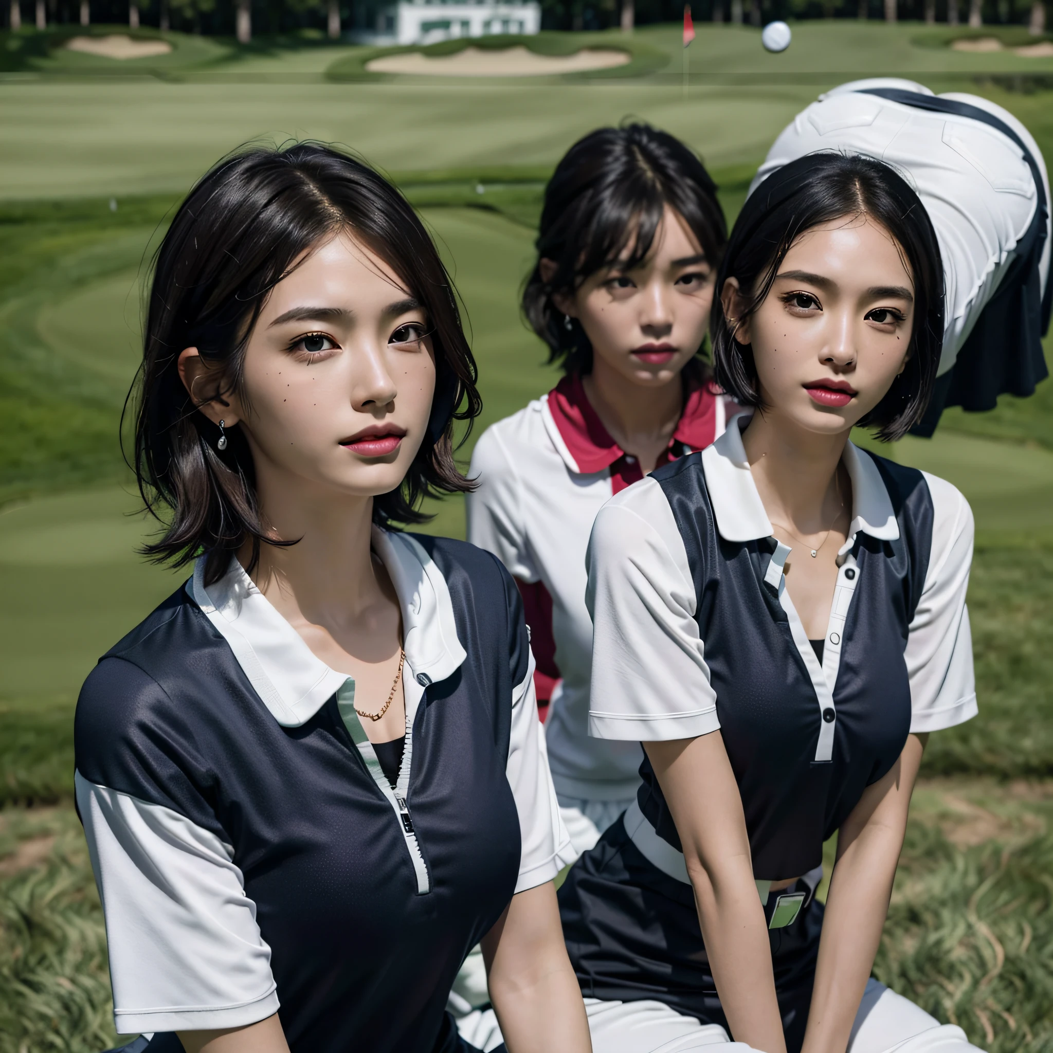 masterpiece, Highest quality, figure, Very detailed, The finer details, High resolution, 8k,wallpaper, Perfect dynamic composition,(Detailed high quality, Realistic depiction of eyes:1.3), (Three Girls), Tight-fitting golf wear with buttons on the collar and chest, Tight golf skirt, Seraphim, Short Bob Hair, The background is an empty golf course, Deep in the field, Large Breasts, Black hair color, Big Natural Color Lip, (Perfect figure), (smile)、Harajuku Style、Elementary school girl in Japan:1.3), Adorable expression、Expressions of happiness、、height: 145cm、Baby Face、Amazingly cute、Cute type、Beautiful feet, Idol Sculpture、(Big Breasts)、(Erect nipples:1.1)