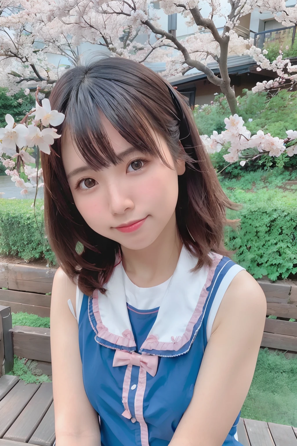 best quality, ultra high res, (photorealistic:1.4),blush,cute,(detailed face),light smile,
looking at viewer,
upper body, japanese clothes,
sunny,river,(cherry blossoms),blue sky,