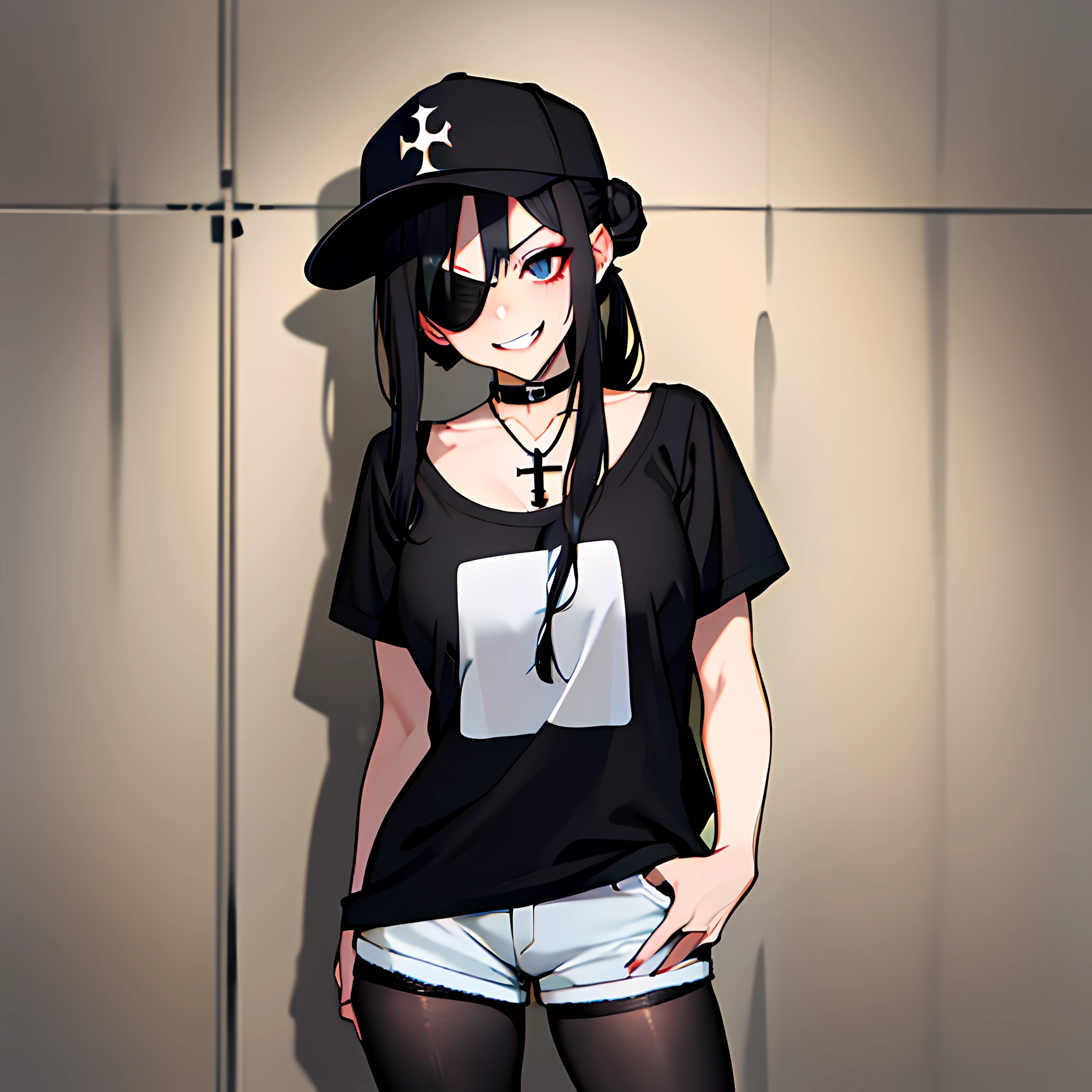 (Absurd, 8k, 4K, masterpiece, Extremely detailed:1.2), highest quality, Expressive eyes, High resolution, Perfect Eyes, One girl, Perfect Face, Perfect hands, short hair, Black Hair, Large bust, Crazy Face, black eye, Crazy Smile, Gothic, Cross Necklace, Black Shirt, Streetwear, Baseball cap, Curious, Half Body, Streetwear, Graphic T-shirts, Are standing, Leaning against a wall, Gothic, No background, Shocked, Concerned, Confused, Tilt your head, Shorts, Cleavage, Short shirt, Short denim,Bare shoulders, body shot,