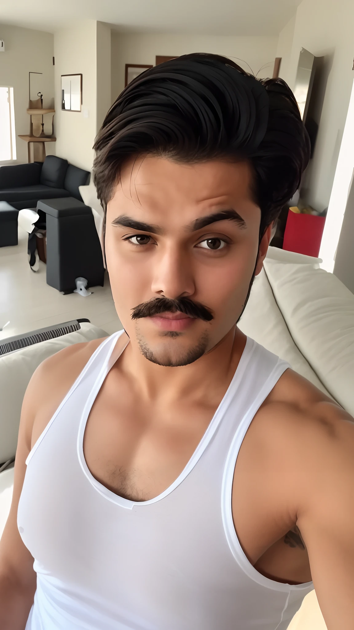 there is a man with a mustache and a tank top on, good looking face, without beard, without beard and mustache, with accurate face, with mustache, without mustache, handsome face, very very low quality picture, around 1 9 years old, front profile!!!!, harsh good looking face, ayan nag, 8k selfie photograph, very very very beautifull face
