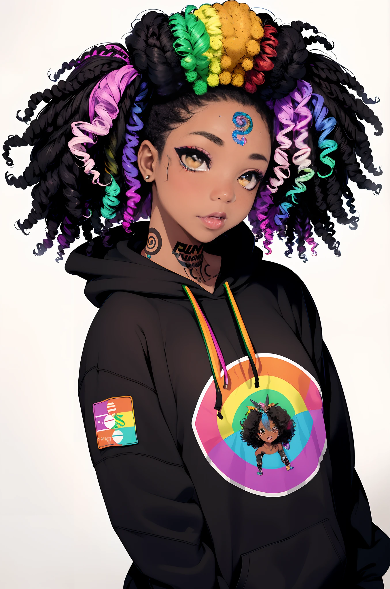 Beautiful Mulatto Girl, Black and Rainbow Hair, Black and Rainbow Makeup, Hip-Hop Girl, Open Hoodie, Exposed Breasts, Nude, Nsfw, Riding penis, Girl On Top Curly Afro, Slender, Rainbow Eyes, Tribal Tattoos, White Background