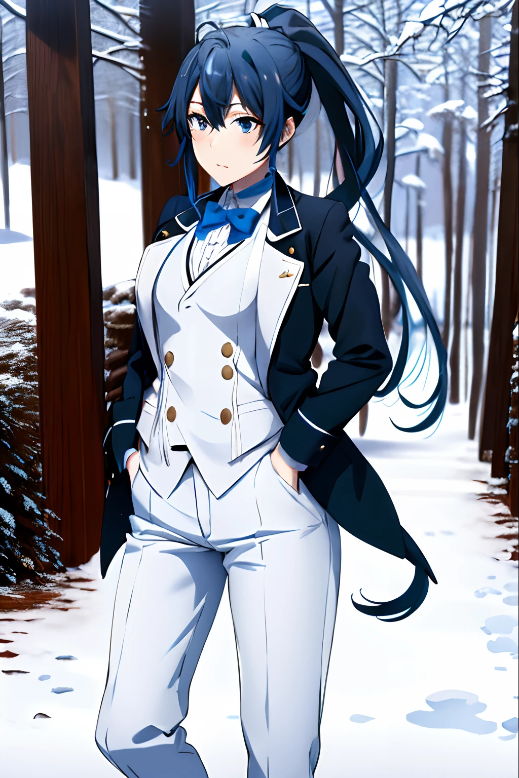 巨作, Best Quality,highres,da,ponytail ,white pants ,long  hair,1girl, Under the snow, Butler tail coat ,blue hair, eyes blue,Tail coat,striped,tight pants ,black shirt ,school, looking at the scenes,Badass Butler