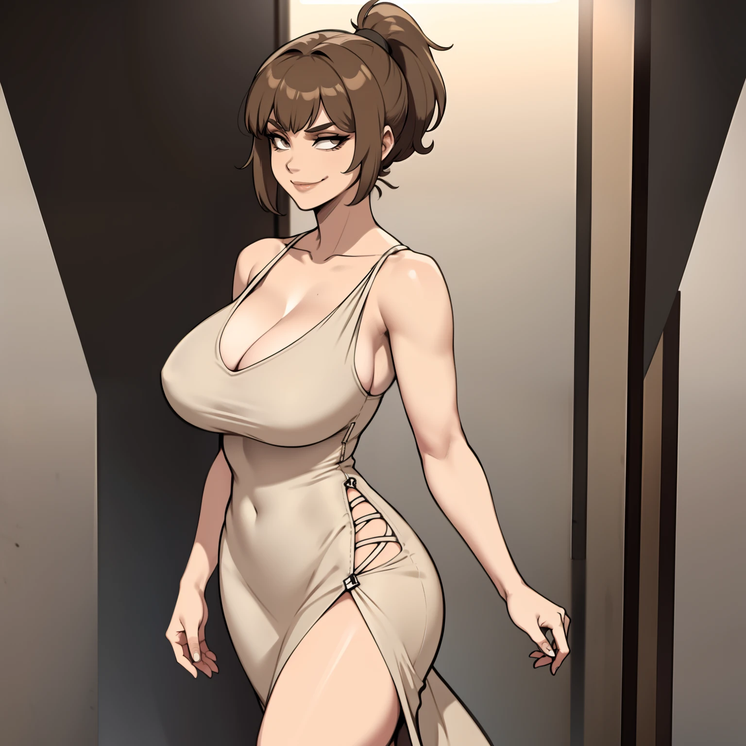 one female with short ponytail brown haircut, long form fitting beige dress, alone, solo, (ALONE)(SOLO), showing cleavage, facing forward, looking at me, looking forward, smirk, showing full legs