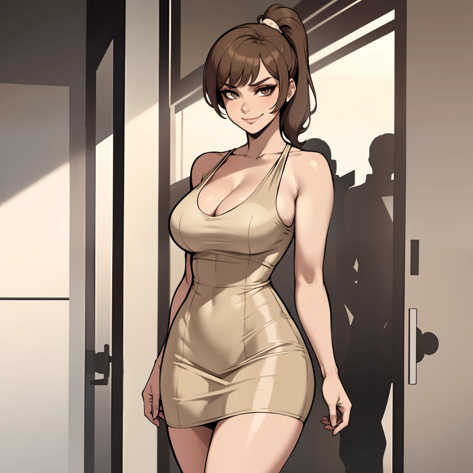 one female with short ponytail brown haircut, long form fitting beige dress, alone, solo, (ALONE)(SOLO), showing cleavage, facing forward, looking at me, looking forward, smirk, showing full legs