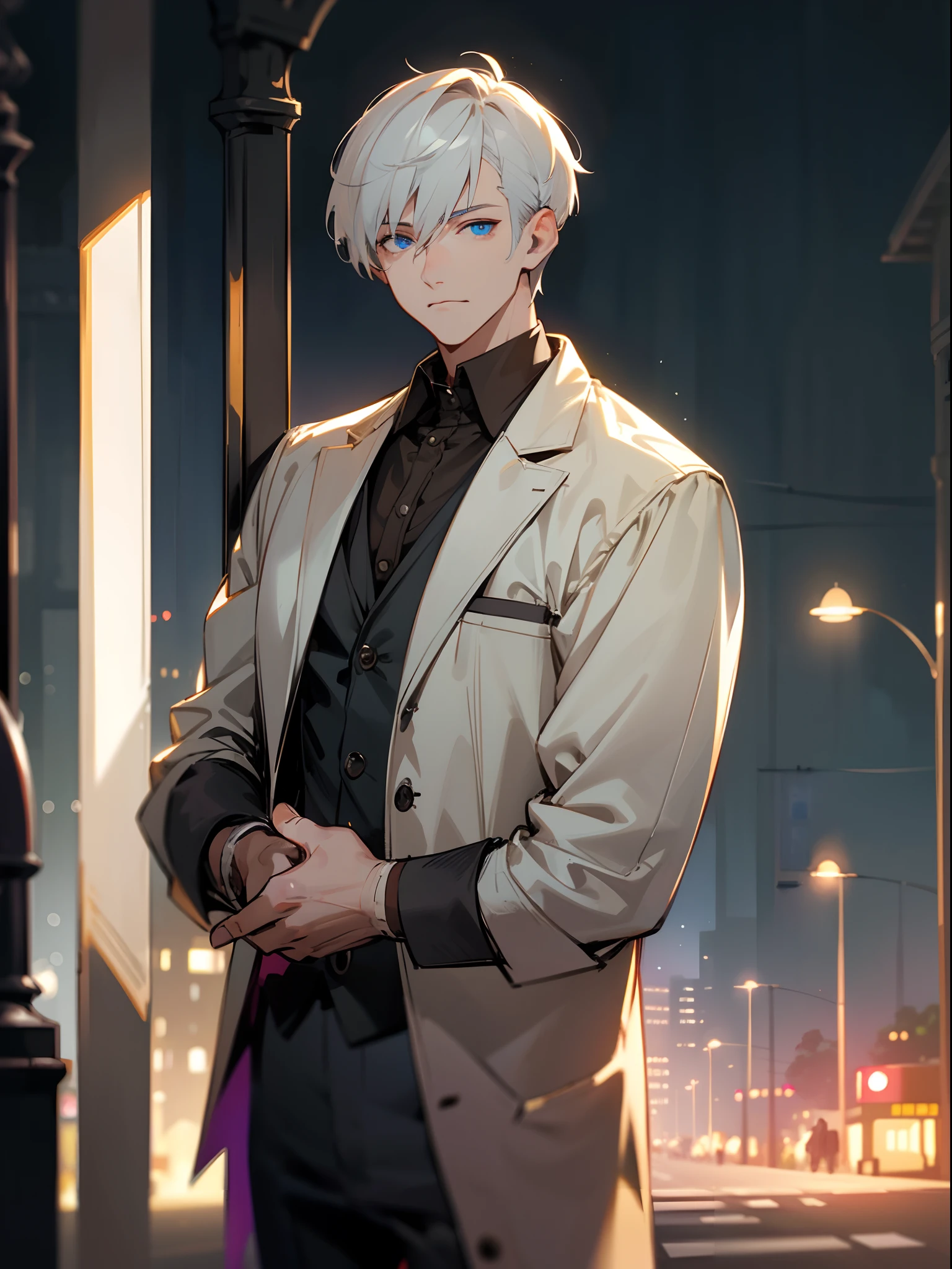 Night time , at a bus stop , spooky lighting , lit only by street light , spooky glow , moody scene , reflections, wearing Fall clothing , (masterpiece, best quality )detailed, 1Character , blue archive art style , pastel washed out colors , cell shade , soft, muted shades ,gentle colors , Handsome man , White hair , very Short hair, ((crew cut hair style:1 )) , Blue eyes , light skin , ((muscular:1)),masculine ,age 28,