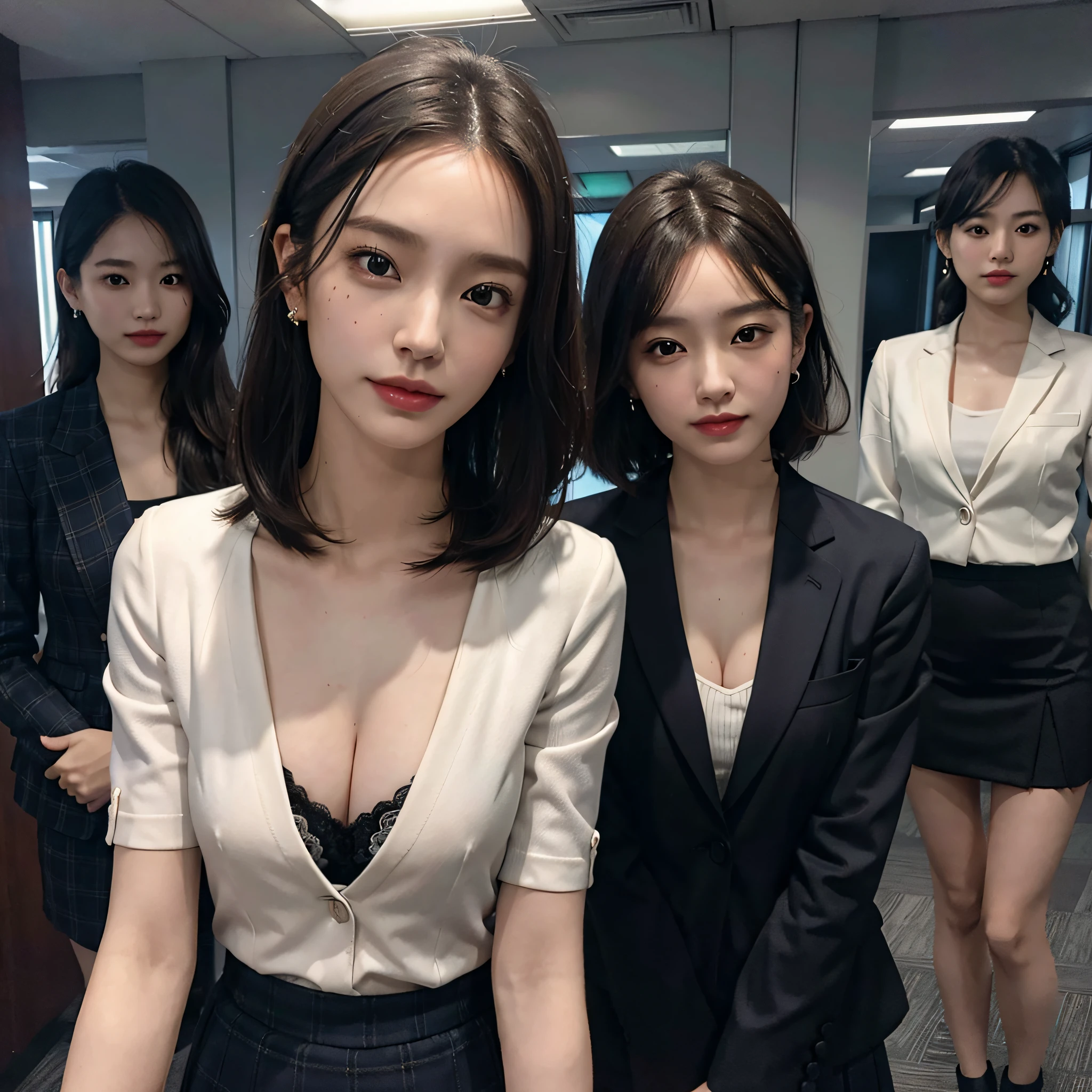 absurdres, RAW photo, extremely delicate and beautiful, masterpiece, Best Quality, ultra high resolution, 16k, hyperrealistic, ultra-detailed, Very detailed CG 8k wallpaper, Beautiful Lighting, Perfect Lightning, Realistic Shadows, perfect anatomy, super Detailed skin, perfect figure, Japanese woman, late 20s, very Slim body, narrow waist, very small head, handsome detailed woman, very detailed eyes and face, realistic face proportions, Stunning detailed eyes, Realistic beautiful face, very small face, Realistic small beautiful eyes, double eyelids, makeup, tearful mole, mole on chest, earring, bare legs, beautiful and very thin legs, beautiful and very thin thighs, (very huge round breasts:1.3), short hair, wavy hair, sweat, tight-fitting, cleavage, Fine Collarbone, (3 girls:1.5), (office lady suit:1.3), (skirt suit), (suit jacket),