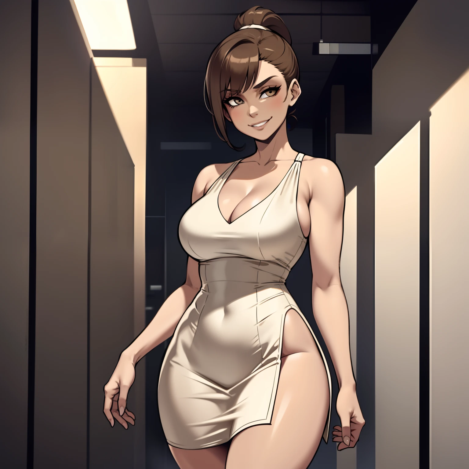 one female with short ponytail brown haircut, long form fitting beige dress, alone, solo, (ALONE)(SOLO), showing cleavage, facing forward, looking at me, looking forward, smirk, showing full legs