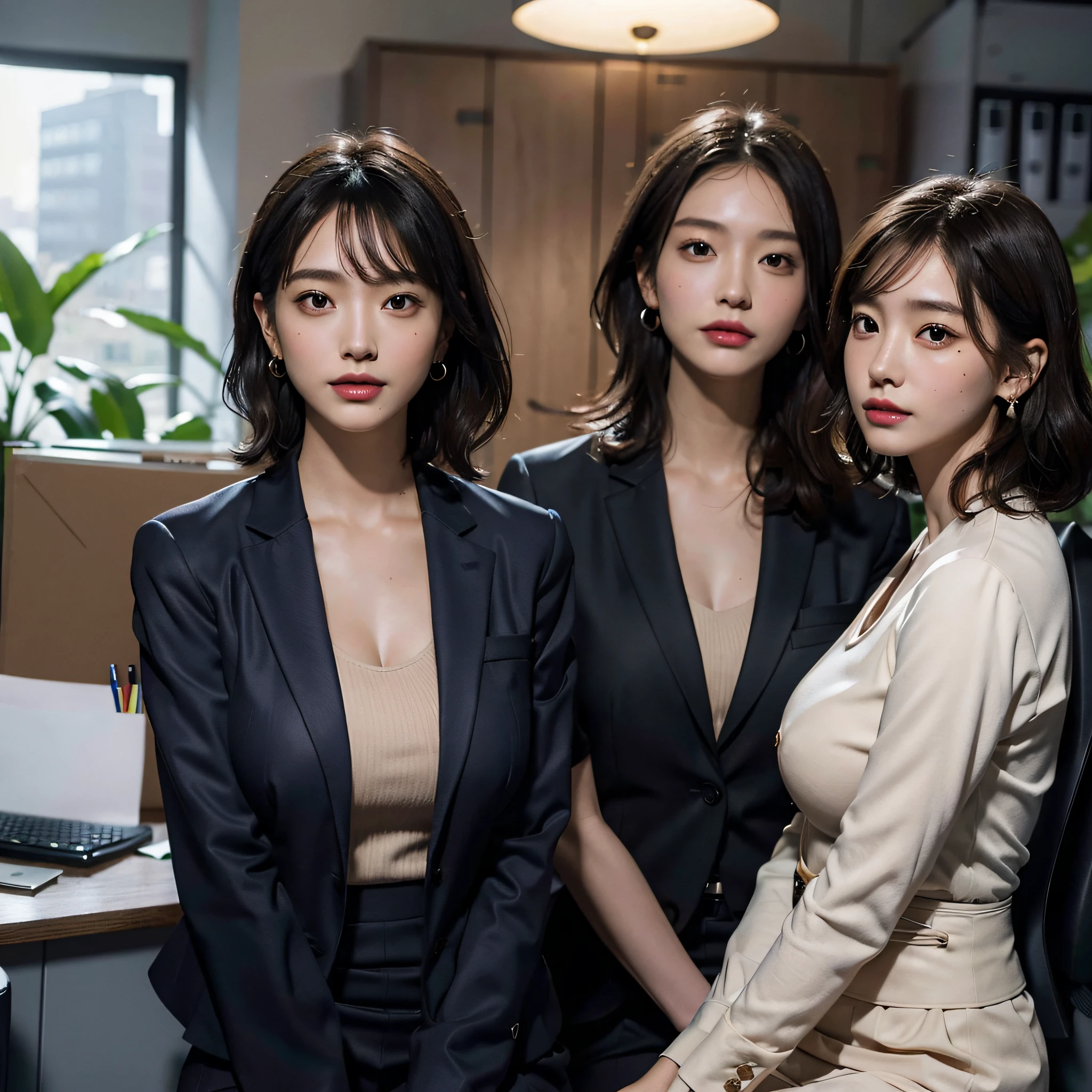 absurdres, RAW photo, extremely delicate and beautiful, masterpiece, Best Quality, ultra high resolution, 16k, hyperrealistic, ultra-detailed, Very detailed CG 8k wallpaper, Beautiful Lighting, Perfect Lightning, Realistic Shadows, perfect anatomy, super Detailed skin, perfect figure, Japanese woman, in her 10s, very Slim body, narrow waist, very small head, handsome detailed woman, very detailed eyes and face, realistic face proportions, Stunning detailed eyes, Realistic beautiful face, very small face, Realistic small beautiful eyes, double eyelids, makeup, tearful mole, mole on chest, earring, bare legs, beautiful and very thin legs, beautiful and very thin thighs, (very huge round breasts:1.3), full body shot, short hair, wavy hair, sweat, (3 girls:1.5), (office lady suit:1.5), (skirt suit), (blazer jacket), (blouse),