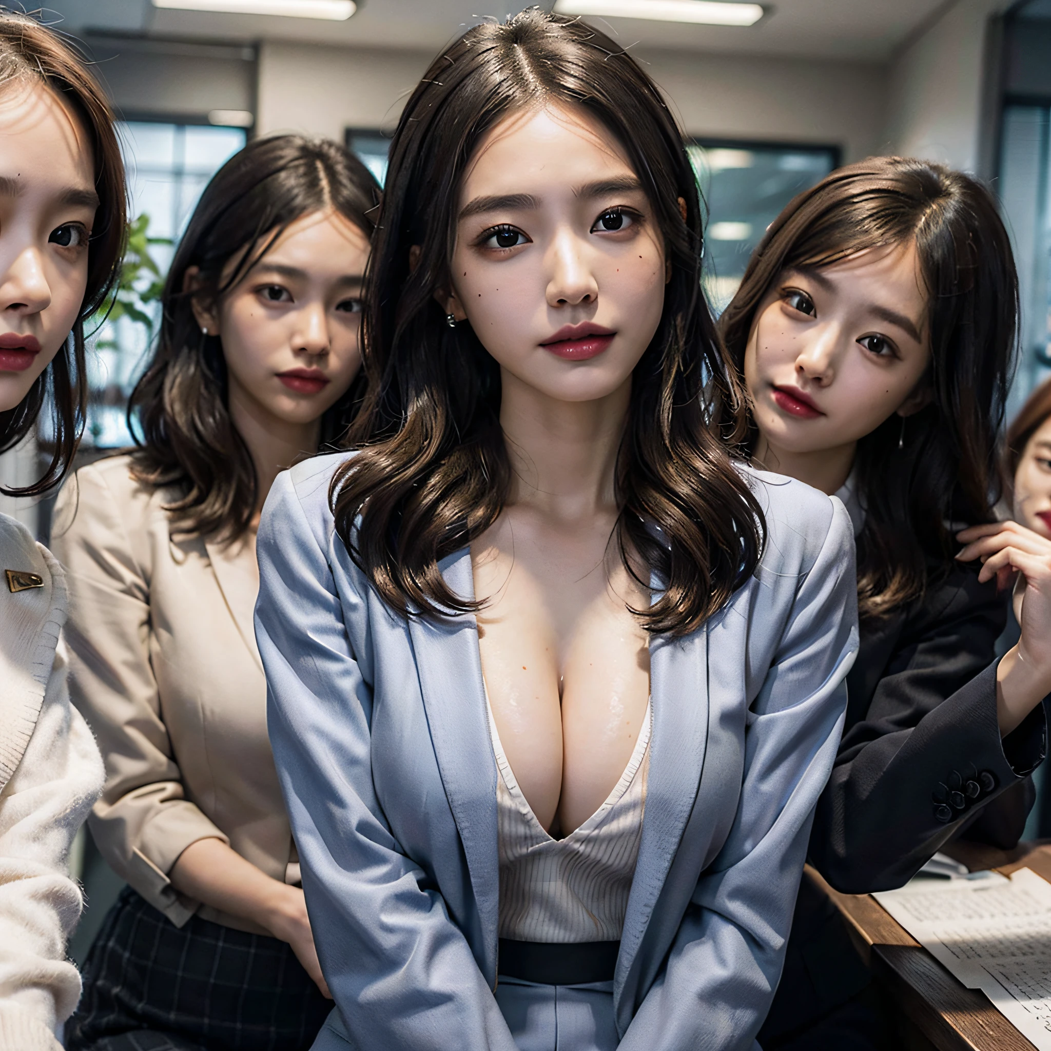 RAW photo, extremely delicate and beautiful, masterpiece, Best Quality, ultra high resolution, 16k, hyperrealistic, ultra-detailed, Very detailed CG 8k wallpaper, Beautiful Lighting, Perfect Lightning, Realistic Shadows, perfect anatomy, super Detailed skin, perfect figure, Japanese woman, in her 10s, very Slim body, narrow waist, very small head, handsome detailed woman, very detailed eyes and face, realistic face proportions, Stunning detailed eyes, Realistic beautiful face, very small face, Realistic small beautiful eyes, double eyelids, makeup, tearful mole, mole on chest, earring, bare legs, beautiful and very thin legs, beautiful and very thin thighs, (very huge round breasts:1.3), full body shot, short hair, wavy hair, sweat, (3 girls:1.5), (office lady suit:1.5), (skirt suit), (blazer jacket), (blouse),
