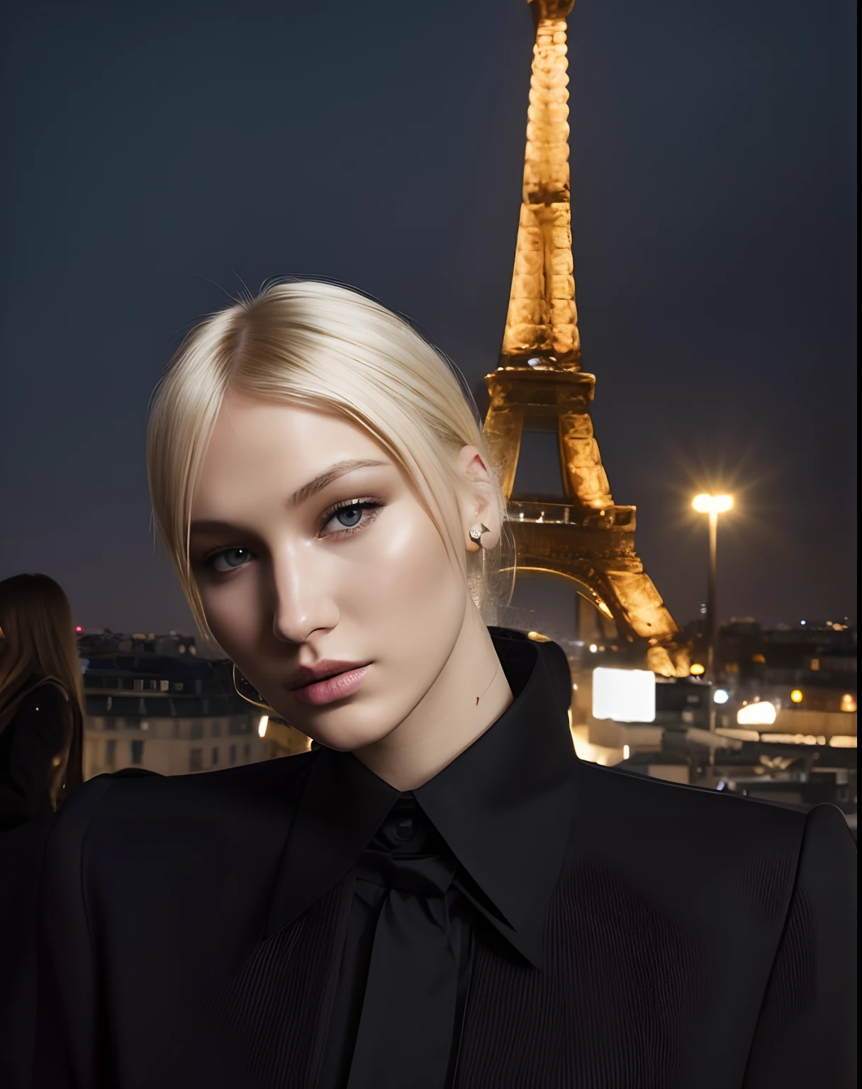 Blonde girl, pale skin, diffuse light, model style, bella hadid, big blonde straight hair, straight blonde bangs, Defined face, model style, model, platinum hair, fringe on the forehead, outift black, No eyebrow, Dark atmosphere, paris, nigth