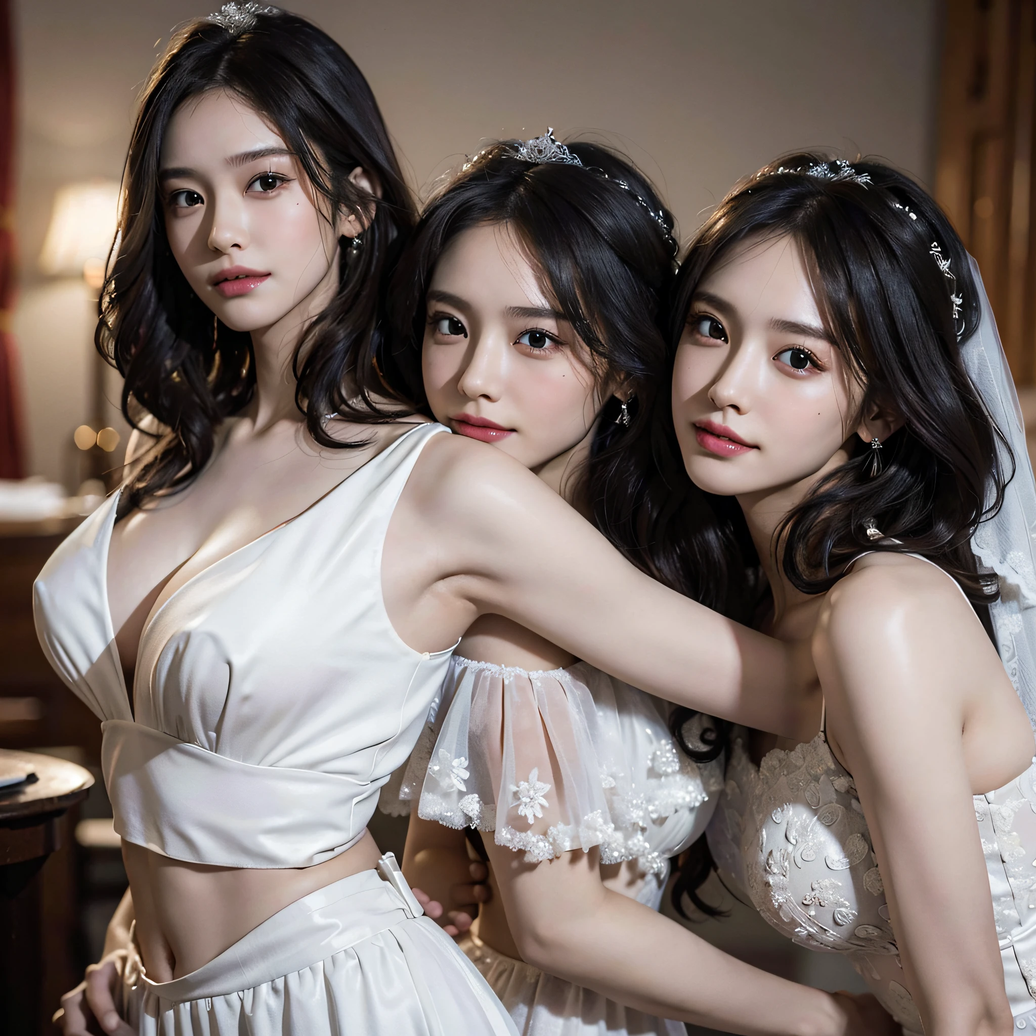 absurdres, RAW photo, extremely delicate and beautiful, masterpiece, Best Quality, ultra high resolution, 16k, hyperrealistic, ultra-detailed, Very detailed CG 8k wallpaper, Beautiful Lighting, Perfect Lightning, Realistic Shadows, perfect anatomy, super Detailed skin, perfect figure, Japanese woman, late 20s, very Slim body, narrow waist, very small head, handsome detailed woman, very detailed eyes and face, realistic face proportions, Stunning detailed eyes, Realistic beautiful face, very small face, Realistic small beautiful eyes, double eyelids, makeup, tearful mole, mole on chest, earring, bare legs, beautiful and very thin legs, beautiful and very thin thighs, ((very huge round breasts)), ((full body shot)), ((short hair)), wavy hair, (((wedding dress))), (midriff peek), (sleeveless), ((yuri)), ((((3 girls)))), (hug),