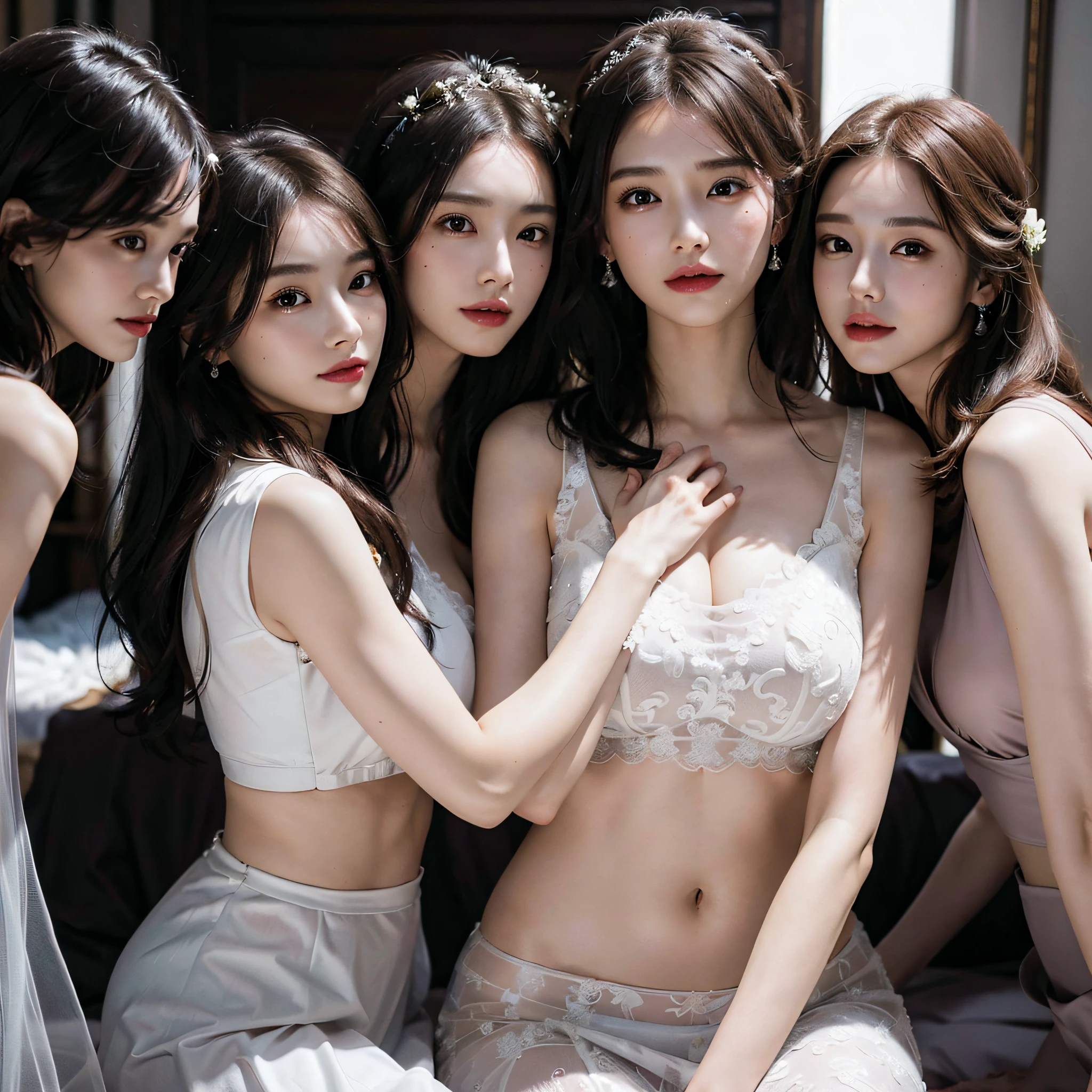 absurdres, RAW photo, extremely delicate and beautiful, masterpiece, Best Quality, ultra high resolution, 16k, hyperrealistic, ultra-detailed, Very detailed CG 8k wallpaper, Beautiful Lighting, Perfect Lightning, Realistic Shadows, perfect anatomy, super Detailed skin, perfect figure, Japanese woman, late 20s, very Slim body, narrow waist, very small head, handsome detailed woman, very detailed eyes and face, realistic face proportions, Stunning detailed eyes, Realistic beautiful face, very small face, Realistic small beautiful eyes, double eyelids, makeup, tearful mole, mole on chest, earring, bare legs, beautiful and very thin legs, beautiful and very thin thighs, ((very huge round breasts)), ((full body shot)), ((short hair)), wavy hair, (((wedding dress))), (midriff peek), (sleeveless), ((yuri)), ((((3 girls)))), (hug),