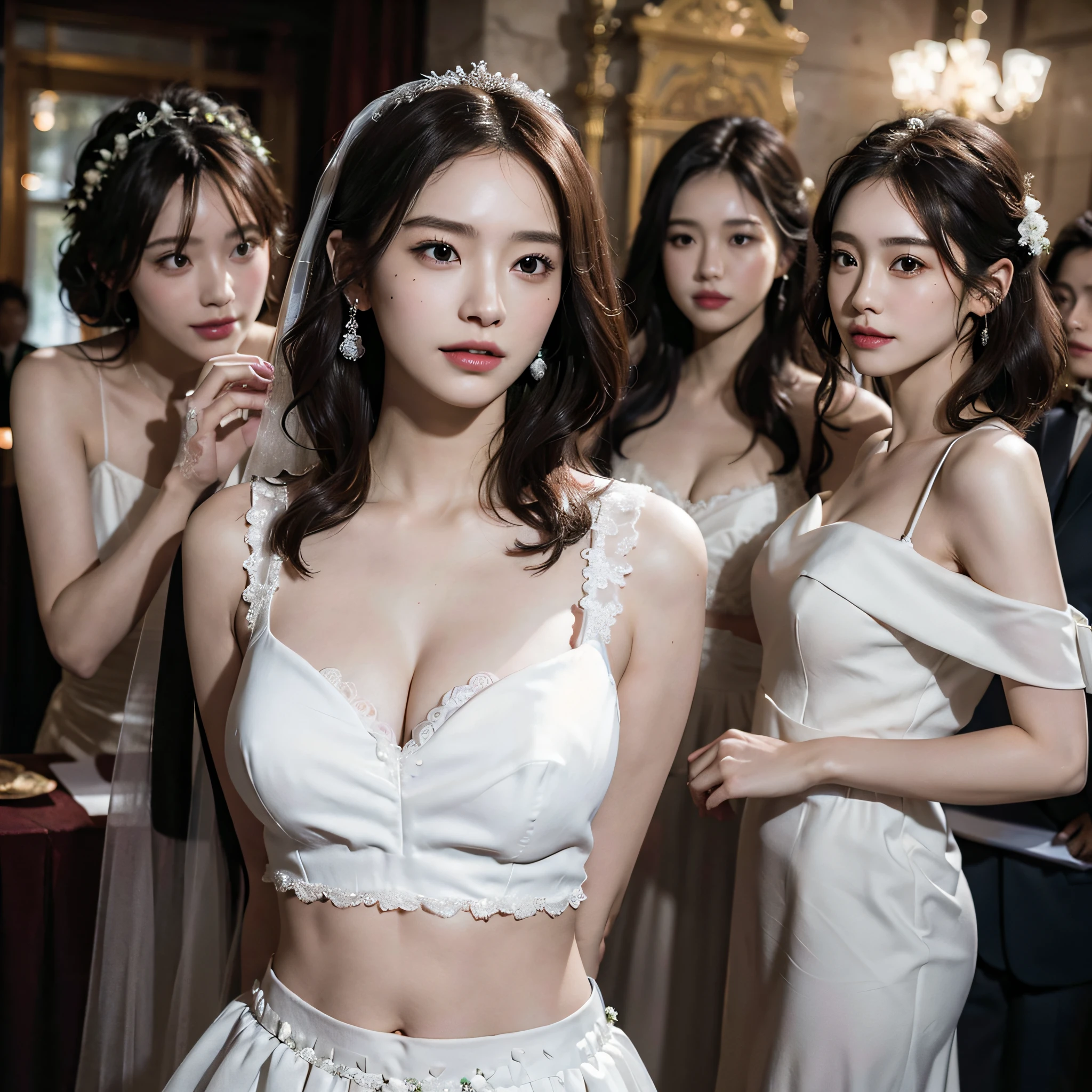 best quality, Clarity, 4k, 8k, detail, actual K-pop stars, ((group photo:1.5)), 5 K-pop superstar brides 22 year old ultra sexual angelic and incredibly gorgeous supermodel bride Girls standing together, (Korean makeup:1.3), Red lips, high quality hands, pink and blue hair, Perfect body, sexy thigh highs, bridal jewellery:1.5, seductive walking, FF cupped large breasts, glistening skin, Graffiti crop top, Deep cleavage, cute Checkered striped bridal mini skirt, walking in a bridal march in a beautiful gothic church