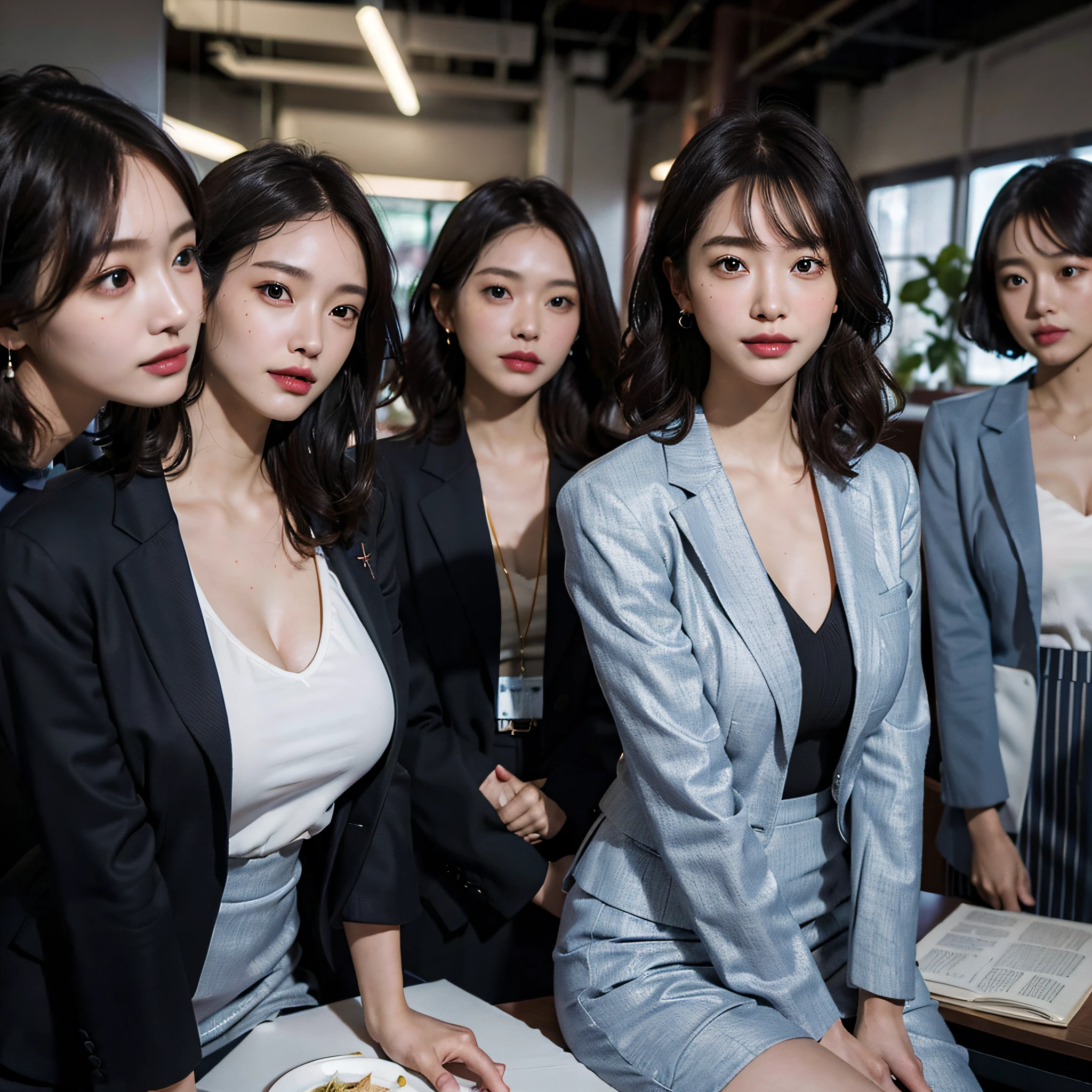 absurdres, RAW photo, extremely delicate and beautiful, masterpiece, Best Quality, ultra high resolution, 16k, hyperrealistic, ultra-detailed, Very detailed CG 8k wallpaper, Beautiful Lighting, Perfect Lightning, Realistic Shadows, perfect anatomy, super Detailed skin, perfect figure, Japanese woman, late 20s, very Slim body, narrow waist, very small head, handsome detailed woman, very detailed eyes and face, realistic face proportions, Stunning detailed eyes, Realistic beautiful face, very small face, Realistic small beautiful eyes, double eyelids, makeup, tearful mole, mole on chest, earring, bare legs, beautiful and very thin legs, beautiful and very thin thighs, (very huge round breasts:1.3), short hair, wavy hair, sweat, full body shot, (3 girls:1.5), (office lady suit:1.3), (skirt suit), (suit jacket), (blouse),