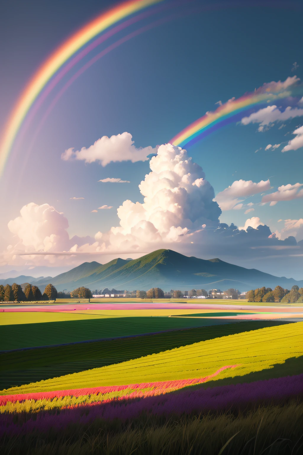 rainbow in the sky，Tano，grass field，4K Ultra HD, 超高分辨率, (Photorealistic: 1.4), Best quality，Masterpiece，Utra dilution，（pastel colour：1.2）