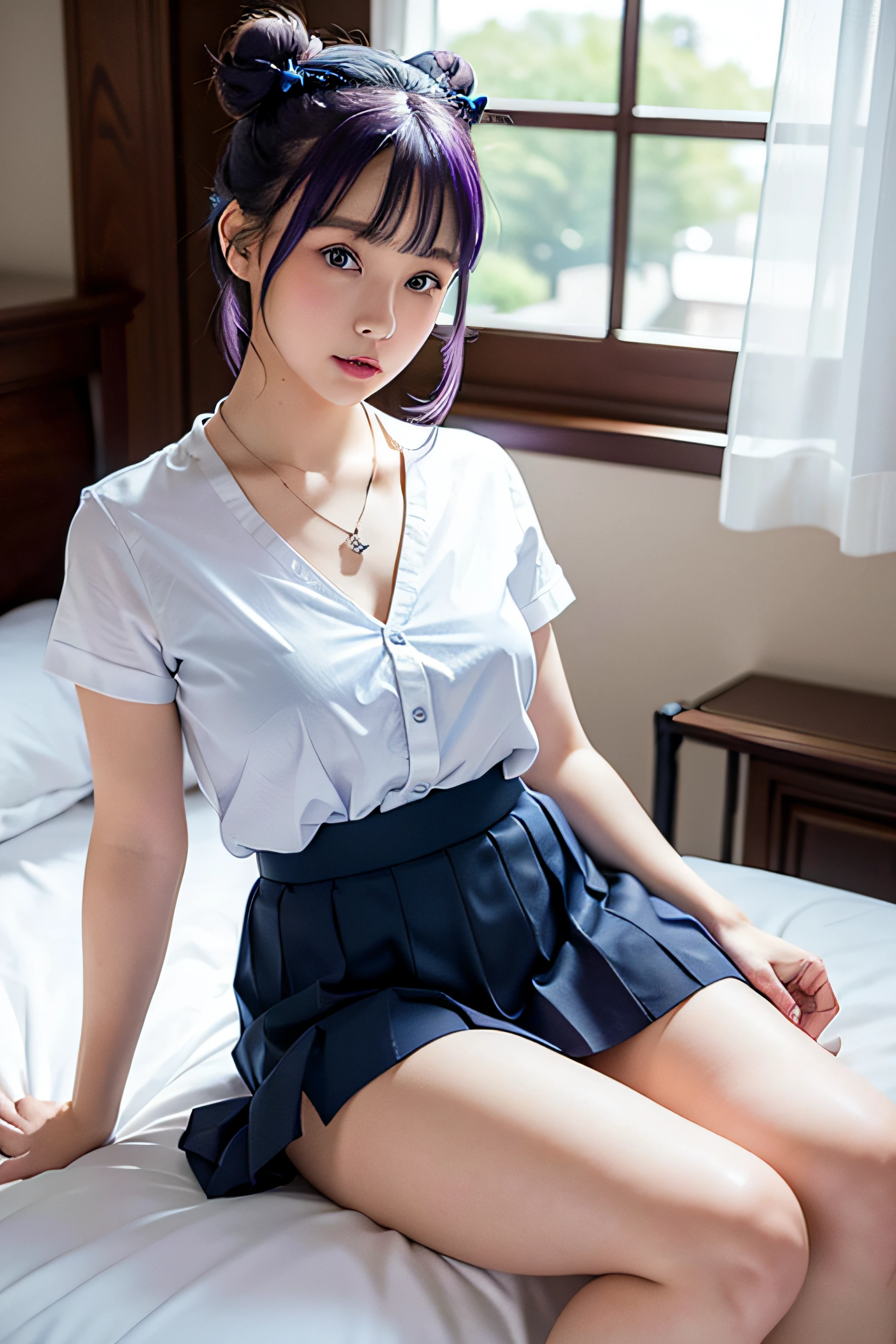 masterpiece, photorealistic, 1girl, blue detailed eyes, small nose, bright purple hair long, 2 buns, white shirt with dark blue bow, dark blue uniform skirt, full figured body, larger chest, beautiful, heart necklace, hopeful, innocent, sitting on edge of the bed, legs spread apart, white underwear showing