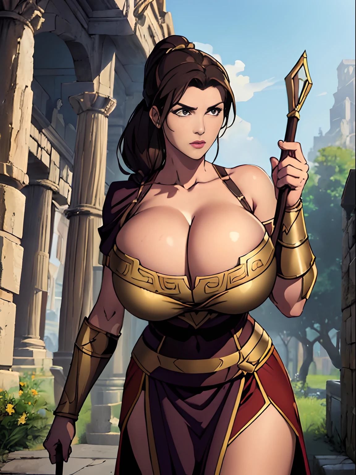 (masterpiece, top quality, best quality, official art, beautiful and aesthetic:1.2), (1girl:1.3), dark brown hair in a huge ponytail, extremely detailed, portrait, looking at viewer, solo, (full body:0.6), detailed background, close up, (warm summer Mediterranean theme:1.1), Athena, charlatan, mysterious, walking in forest, revealing bronze gladiator armor, Greek robes, goddess, toga, robe, spear and shield, metal, light brown leather, cloak, bracers, armor, gauntlets, sandals, buckles, straps, see-through white fabric, ((((gigantic breasts, cleavage, skindentation)))), slim waist, slim hips, long legs, ancient (Parthenon exterior:1.1) background, dark mysterious lighting, shadows, magical atmosphere, dutch angle,