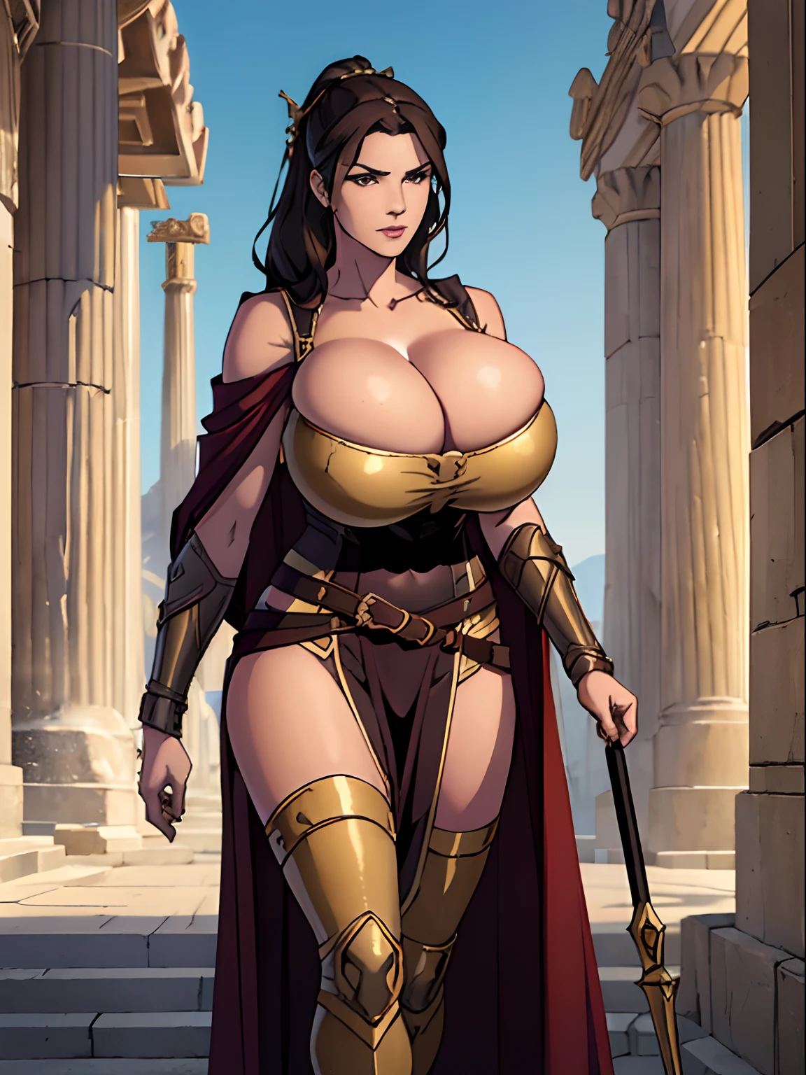 (masterpiece, top quality, best quality, official art, beautiful and aesthetic:1.2), (1girl:1.3), dark brown hair in a huge ponytail, extremely detailed, portrait, looking at viewer, solo, (full body:0.6), detailed background, close up, (warm summer Mediterranean theme:1.1), Athena, charlatan, mysterious, walking in forest, revealing bronze gladiator armor, Greek robes, goddess, toga, robe, spear and shield, metal, light brown leather, cloak, bracers, armor, gauntlets, sandals, buckles, straps, see-through white fabric, ((((gigantic breasts, cleavage, skindentation)))), slim waist, slim hips, long legs, ancient (Parthenon exterior:1.1) background, dark mysterious lighting, shadows, magical atmosphere, dutch angle,