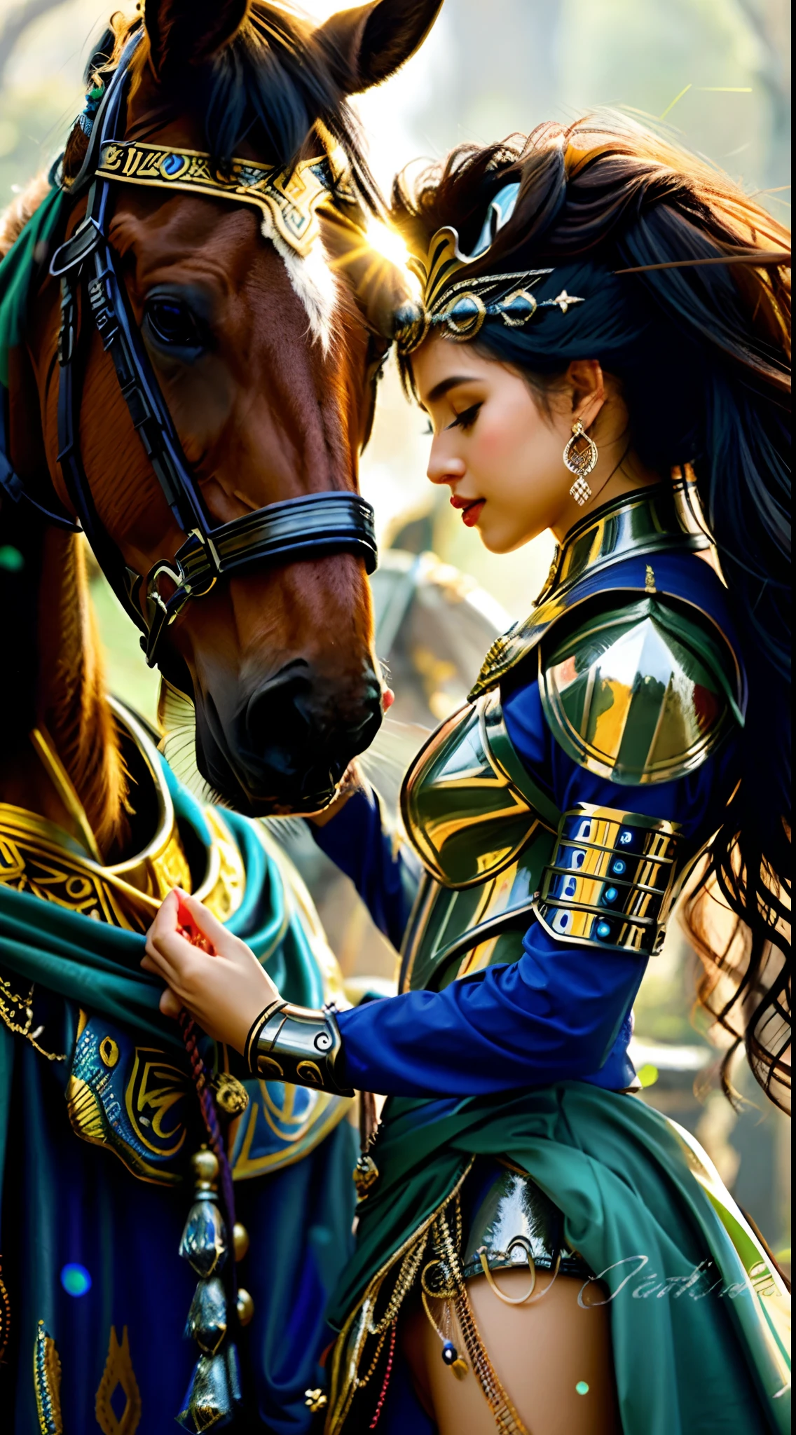 um close up de uma mulher de armadura ao lado de um cavalo, Cavalo Guerreiro, ((uma bela imperatriz fantasia)), beautiful depiction, Warrior Woman, Rainha guerreira, arte bonita, pele escura deusa feminina do amor, Princesa negra africana, de uma bela cavaleiro feminina, armadura bonita, princesa guerreira, bela arte digital, beautiful artwork, arte linda