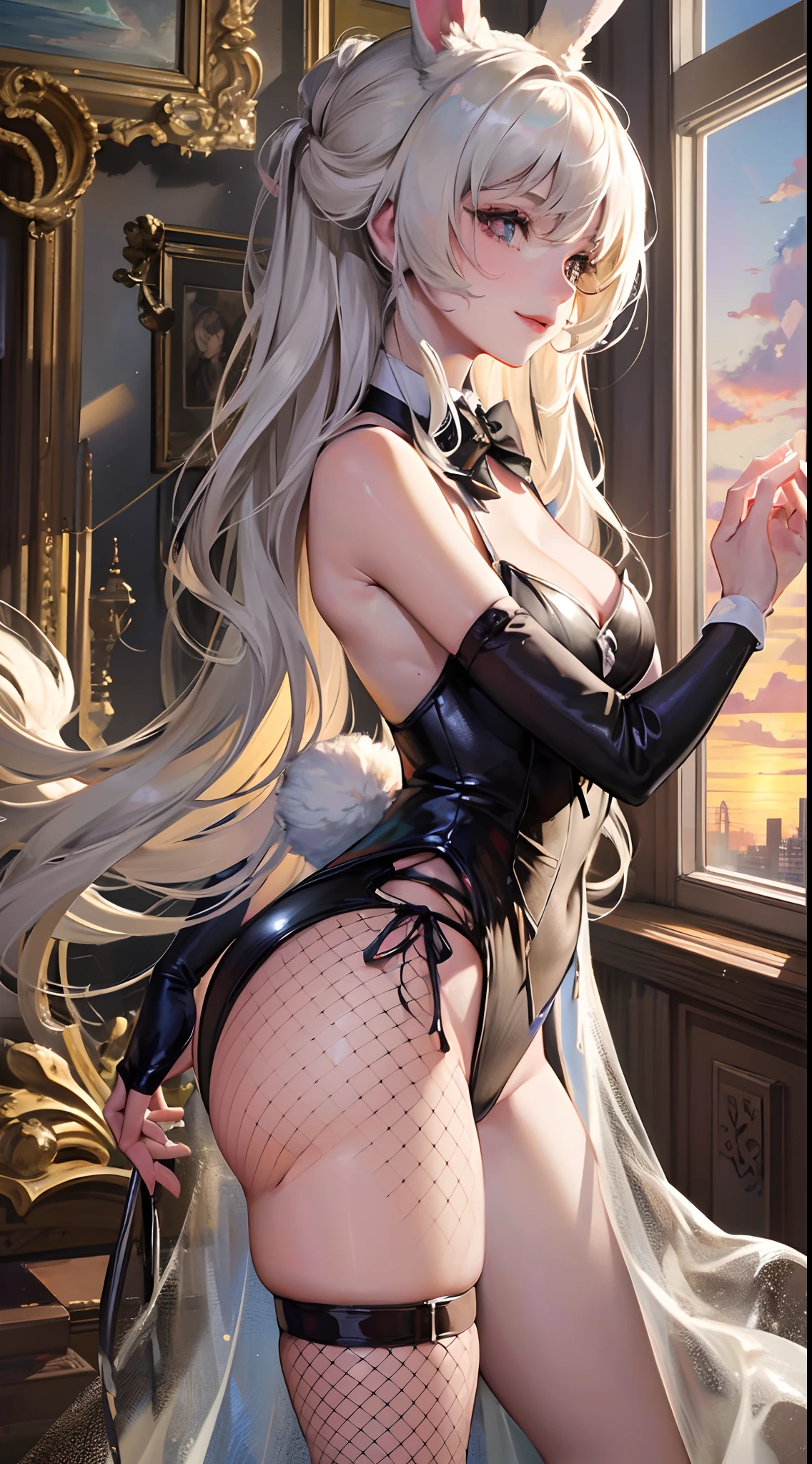 ((Finest quality)),(超A high resolution),(ultra-detailliert),(Meticulous portrayal),((best pictures)),(Finest works of art),Ultra-Precision Art,The art of astounding depiction, (1人の女性:1.5),a smile,bunnygirl:1.5,rabbitears,fishnet tights,a bow tie,Rabbit tail, Looking from the side