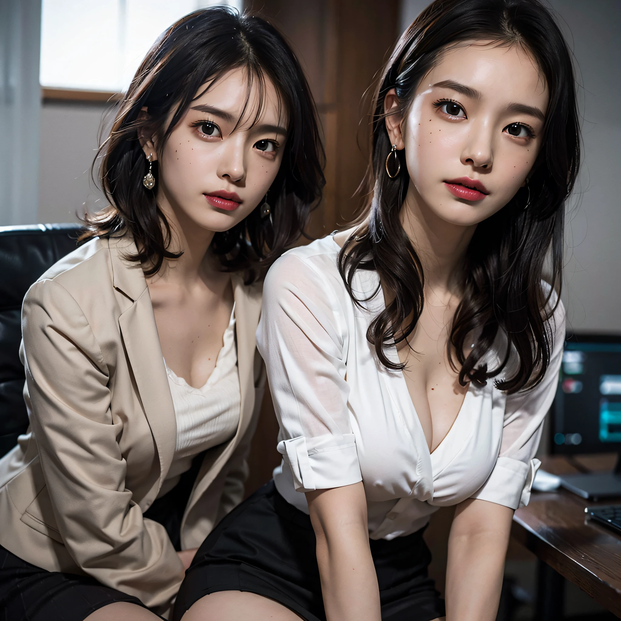 absurdres, RAW photo, extremely delicate and beautiful, masterpiece, Best Quality, ultra high resolution, 16k, hyperrealistic, ultra-detailed, Very detailed CG 8k wallpaper, Beautiful Lighting, Perfect Lightning, Realistic Shadows, perfect anatomy, super Detailed skin, perfect figure, Japanese woman, in her 10s, very Slim body, narrow waist, very small head, handsome detailed woman, very detailed eyes and face, realistic face proportions, Stunning detailed eyes, Realistic beautiful face, very small face, Realistic small beautiful eyes, double eyelids, makeup, tearful mole, mole on chest, earring, bare legs, beautiful and very thin legs, beautiful and very thin thighs, (very huge round breasts:1.3), full body shot, short hair, wavy hair, sweat, 3girls, office lady suit, skirt suit, blazer jacket, blouse,