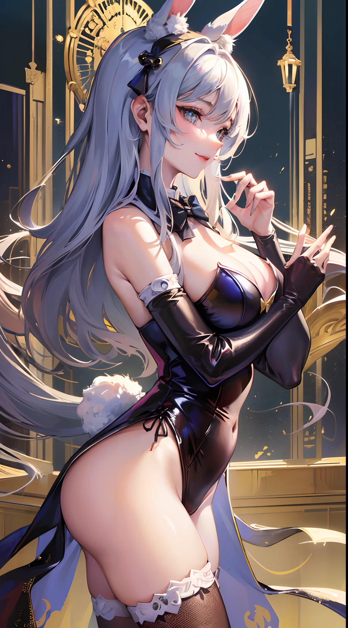 ((Finest quality)),(超A high resolution),(ultra-detailliert),(Meticulous portrayal),((best pictures)),(Finest works of art),Ultra-Precision Art,The art of astounding depiction, (1人の女性:1.5),a smile,bunnygirl:1.5,rabbitears,fishnet tights,a bow tie,Rabbit tail, Looking from the side