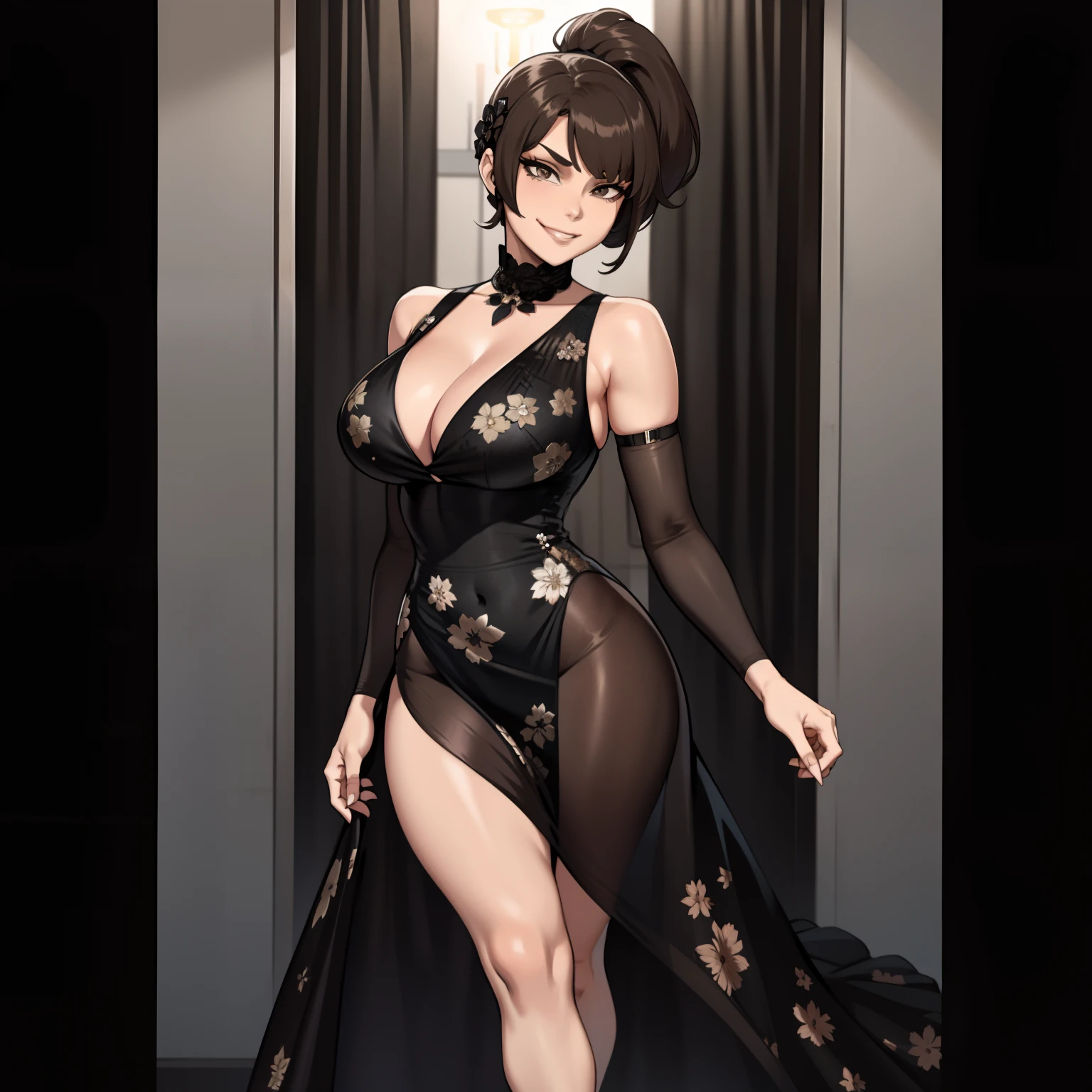 one female with short ponytail brown haircut, long form fitting black floral dress, alone, solo, (ALONE)(SOLO), showing cleavage, facing forward, looking at me, looking forward, smirk, showing full legs