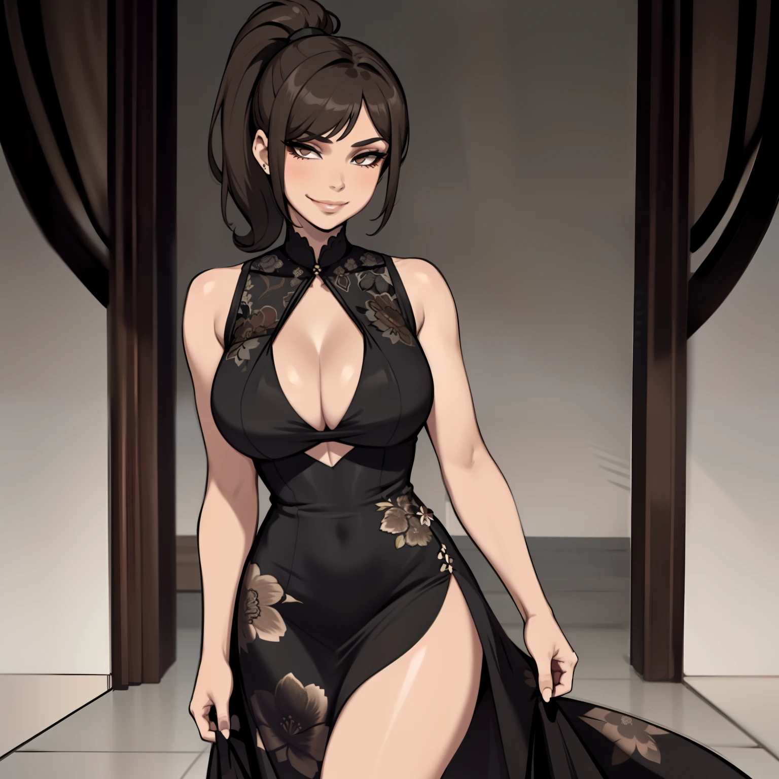 one female with short ponytail brown haircut, long form fitting black floral dress, alone, solo, (ALONE)(SOLO), showing cleavage, facing forward, looking at me, looking forward, smirk, showing full legs