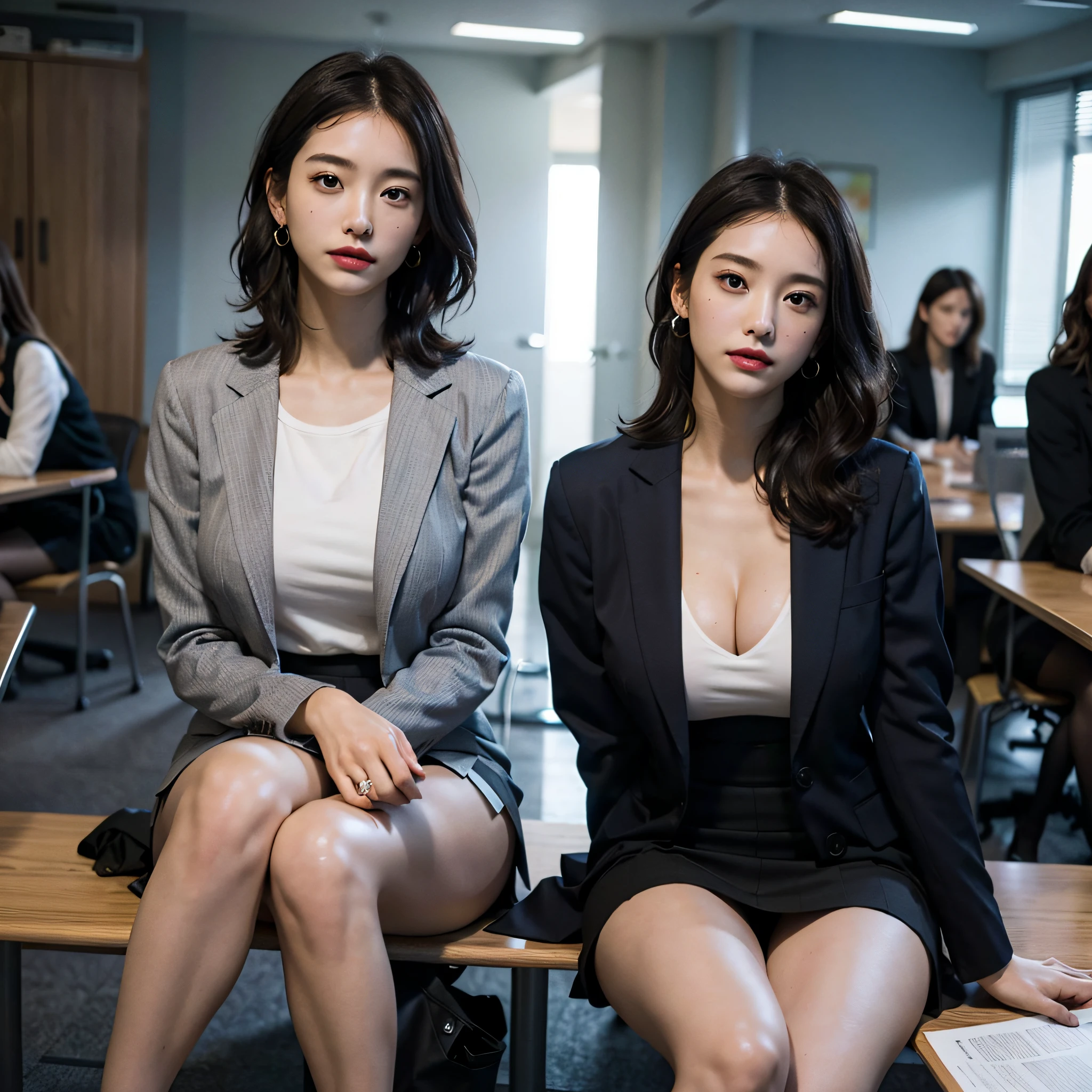 absurdres, RAW photo, extremely delicate and beautiful, masterpiece, Best Quality, ultra high resolution, 16k, hyperrealistic, ultra-detailed, Very detailed CG 8k wallpaper, Beautiful Lighting, Perfect Lightning, Realistic Shadows, perfect anatomy, super Detailed skin, perfect figure, Japanese woman, in her 10s, very Slim body, narrow waist, very small head, handsome detailed woman, very detailed eyes and face, realistic face proportions, Stunning detailed eyes, Realistic beautiful face, very small face, Realistic small beautiful eyes, double eyelids, makeup, tearful mole, mole on chest, earring, bare legs, beautiful and very thin legs, beautiful and very thin thighs, (very huge round breasts:1.3), full body shot, short hair, wavy hair, sweat, (3 girls:1.3), (office lady suit:1.3), (skirt suit), (blazer jacket), (blouse),