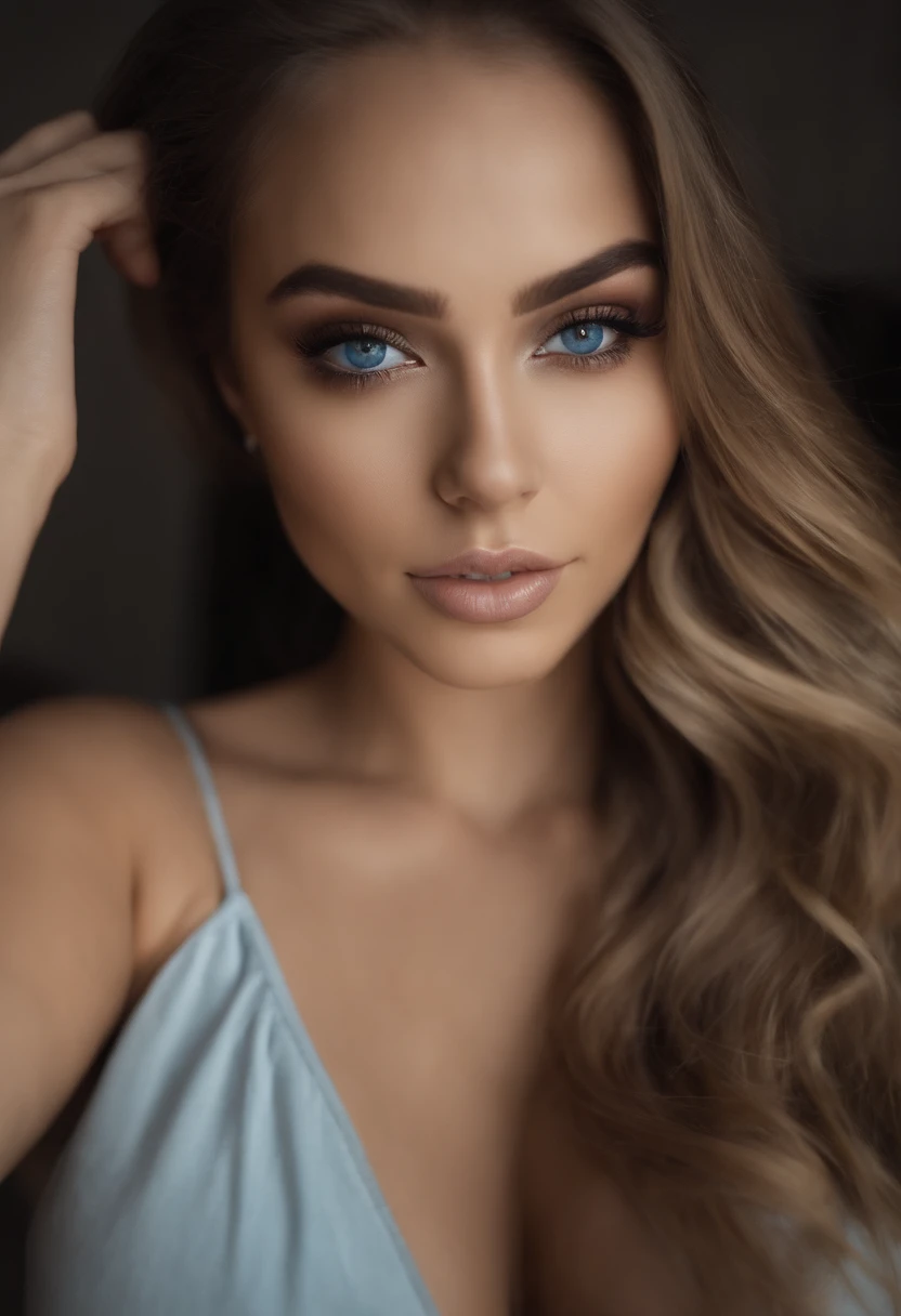 Arafed Mujer totalmente , Chica sexy con ojos azules, ultra realista, meticulosamente detallado, rubia. Retrato Sophie Mudd, cabello rubio y ojos grandes, selfie de una mujer joven, Ojos del dormitorio, Violeta Myers, sin maquillaje, Maquillaje natural, staring directly into camera, cara con artgram, maquillaje sutil, Impresionante foto de cuerpo completo arrodillado en la cama, En el dormitorio, Large bust