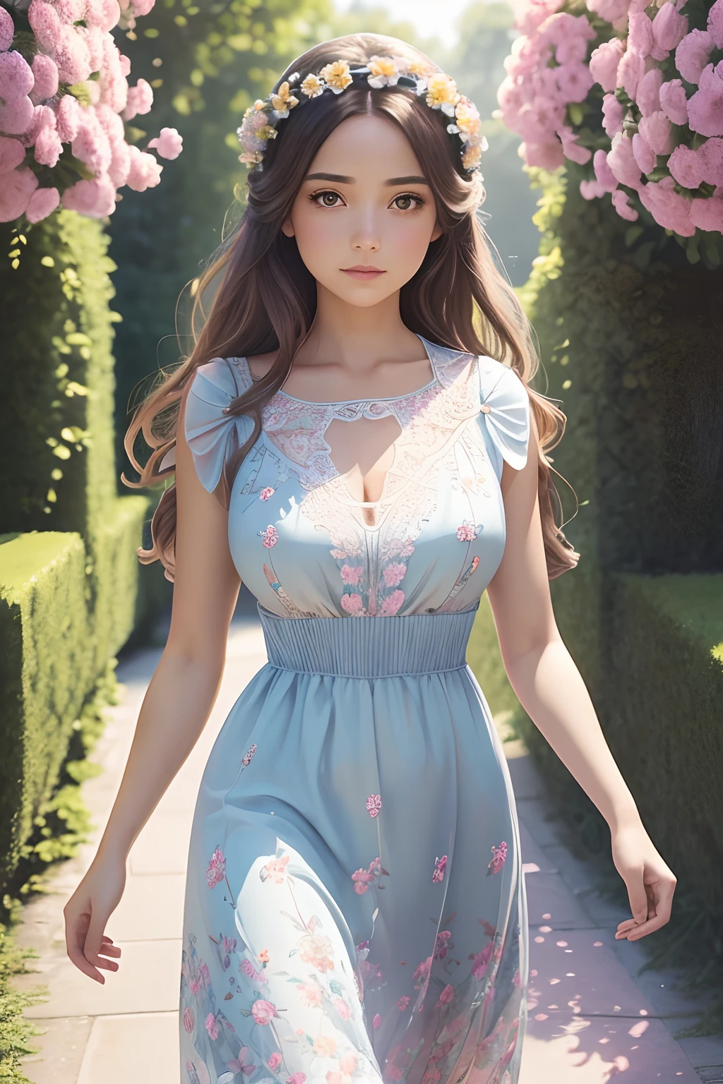 Highly detailed. beautiful woman, wearing a summer dress, walking through floral, hand in the air, symmetrical face, symmetrical eyes, looks into the camera, stunning photography, photorealistic, soft pastel colours, highly detailed, intricate, path tracing, illustration, insanely detailed, shadow mapping volumetric light, specular lighting