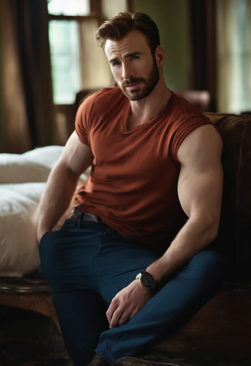 Chris Evans wearing a red shirt and blue jeans, the shirt is tucked in and he has sweaty hair and a beard