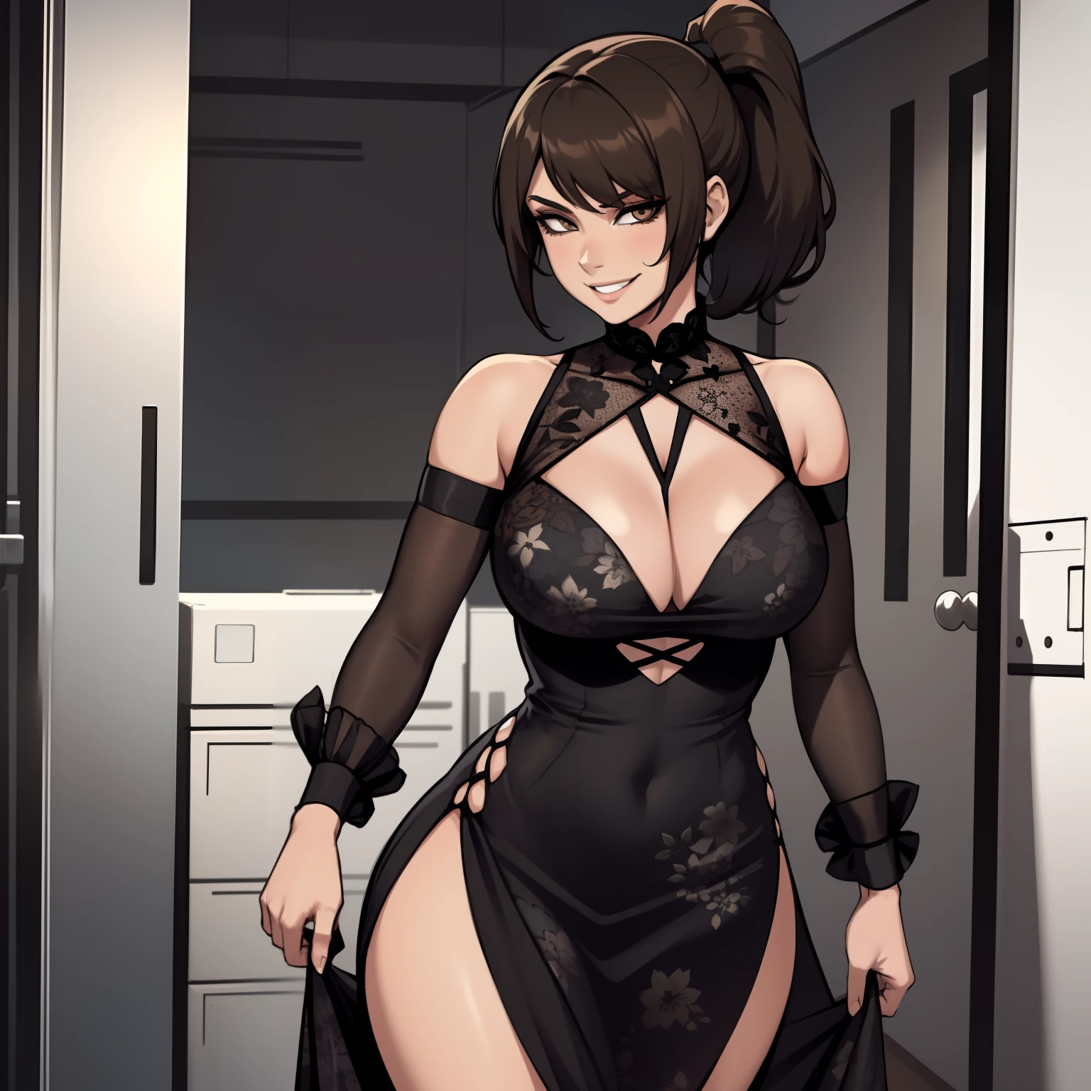 one female with short ponytail brown haircut, long form fitting black floral dress, alone, solo, (ALONE)(SOLO), showing cleavage, facing forward, looking at me, looking forward, smirk, showing full legs