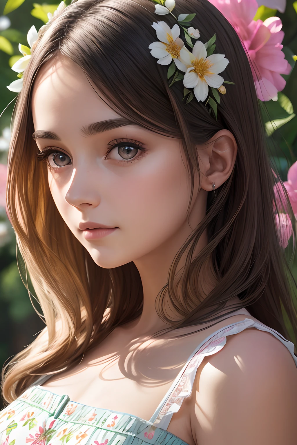 Highly detailed. beautiful woman, wearing a summer dress, walking through floral, symmetrical face, symmetrical eyes, looks into the camera, stunning photography, photorealistic, soft pastel colours, highly detailed, intricate, path tracing, illustration, insanely detailed, shadow mapping volumetric light, specular lighting