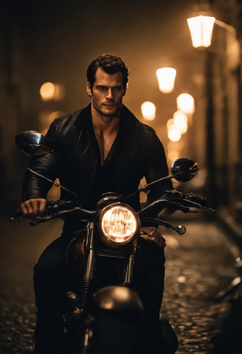 1man, five fingers, short hair, muscular, beard,shirtless, no shirt, hairy muscular chest, gold chain, necklace, open jeans, lamppost,(masterpiece, best quality, highres, ultra detailed ),tokyo \(city\), night, (driving a motorcycle on the street ) , looking at viewer, front view, dynamic pose, ripping his shirt open, henry cavill lookalike, jamie dornan lookalike