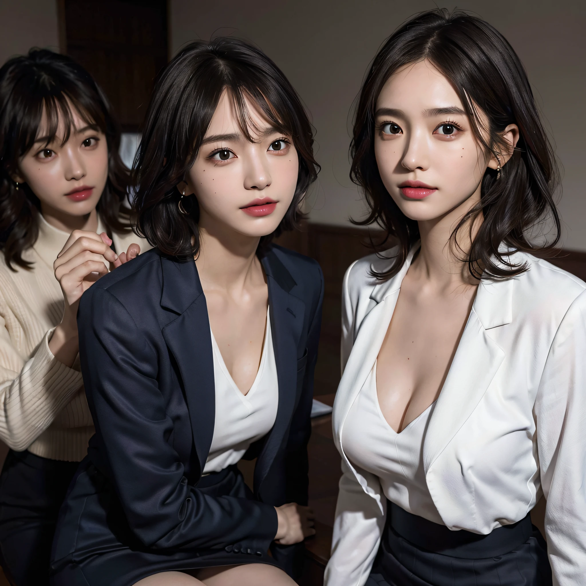 absurdres, RAW photo, extremely delicate and beautiful, masterpiece, Best Quality, ultra high resolution, 16k, hyperrealistic, ultra-detailed, Very detailed CG 8k wallpaper, Beautiful Lighting, Perfect Lightning, Realistic Shadows, perfect anatomy, super Detailed skin, perfect figure, Japanese woman, in her 10s, very Slim body, narrow waist, very small head, handsome detailed woman, very detailed eyes and face, realistic face proportions, Stunning detailed eyes, Realistic beautiful face, very small face, Realistic small beautiful eyes, double eyelids, makeup, tearful mole, mole on chest, earring, bare legs, beautiful and very thin legs, beautiful and very thin thighs, (very huge round breasts:1.3), (full body shot), short hair, wavy hair, sweat, (3 girls:1.3), office lady suit, skirt suit, blazer jacket, blouse,