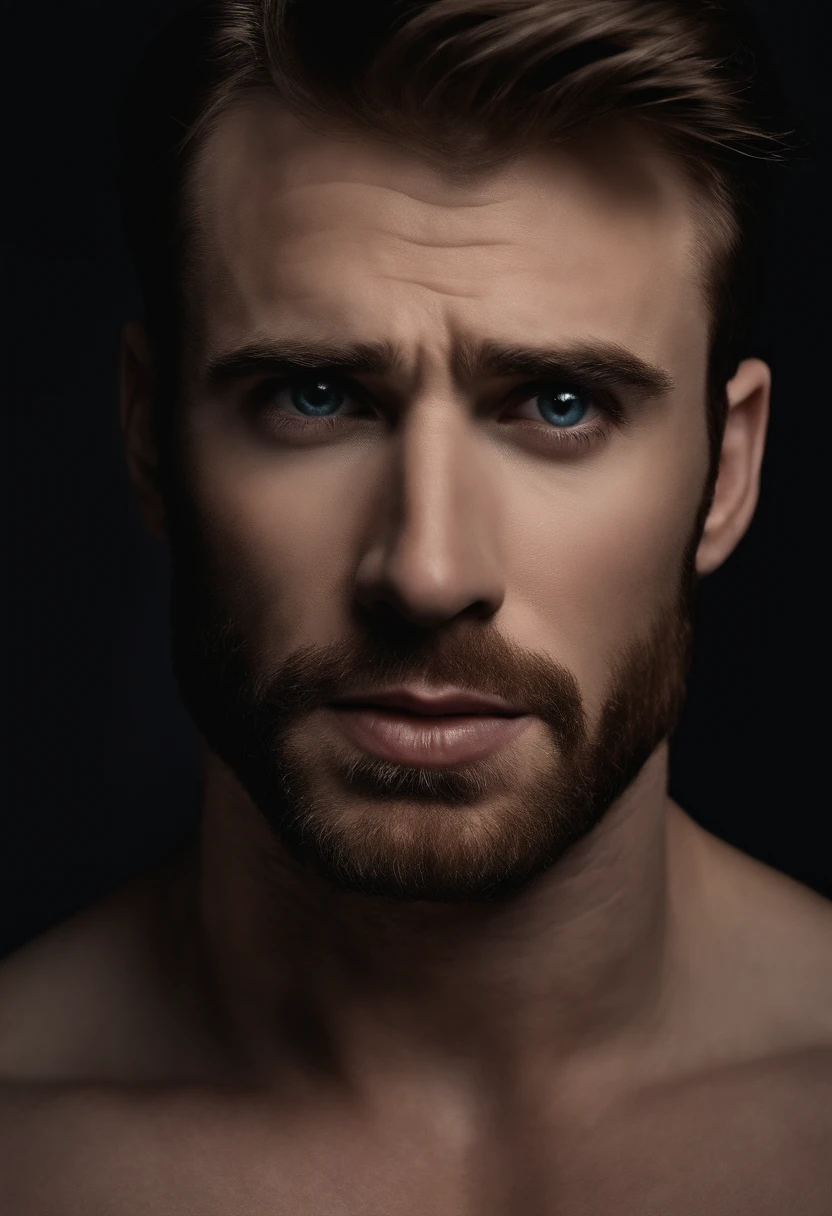 a naked Chris Evans with a large penis,penis:1.1,beautiful detailed eyes,beautiful detailed lips,extremely detailed eyes and face,long eyelashes,gorgeous physique,confident pose,dark background,professional,photorealistic,studio lighting,intense colors,rich textures,bokeh