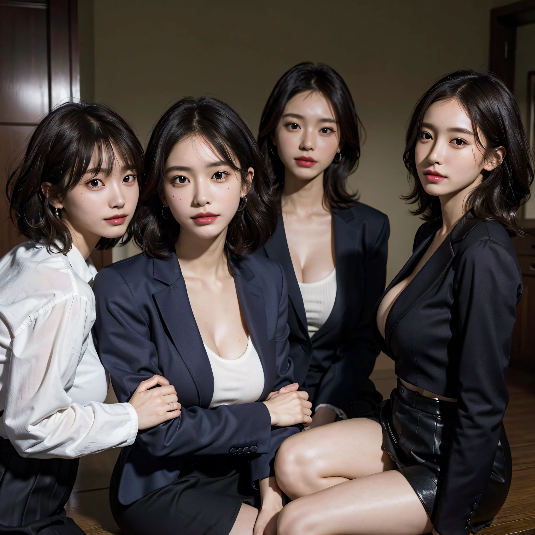 absurdres, RAW photo, extremely delicate and beautiful, masterpiece, Best Quality, ultra high resolution, 16k, hyperrealistic, ultra-detailed, Very detailed CG 8k wallpaper, Beautiful Lighting, Perfect Lightning, Realistic Shadows, perfect anatomy, super Detailed skin, perfect figure, Japanese woman, in her 10s, very Slim body, narrow waist, very small head, handsome detailed woman, very detailed eyes and face, realistic face proportions, Stunning detailed eyes, Realistic beautiful face, very small face, Realistic small beautiful eyes, double eyelids, makeup, tearful mole, mole on chest, earring, bare legs, beautiful and very thin legs, beautiful and very thin thighs, (very huge round breasts:1.3), (full body shot), short hair, wavy hair, sweat, (3 girls:1.3), office lady suit, skirt suit, blazer jacket, blouse,