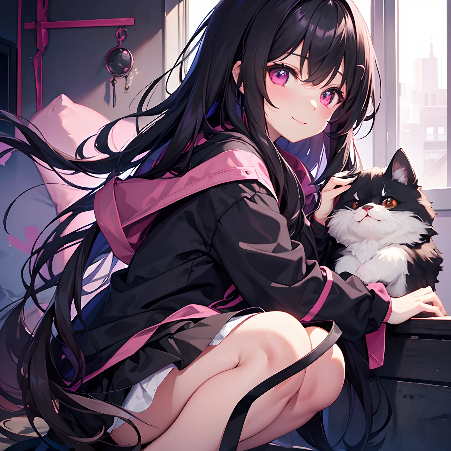 girl with、A dark-haired、Long hair、fluffly、The shirt、beauitful face、A slight smil、Pink eyes、Black hoodie